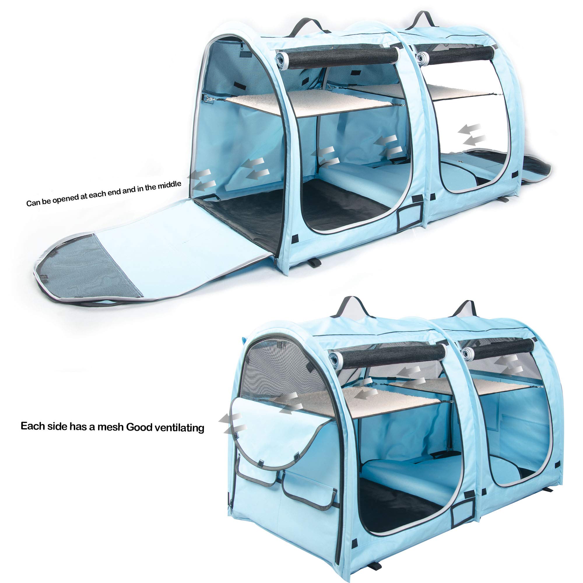 Mispace Portable Twin Compartment Cat Cage & Dog Kennel - Foldable Pet Carrier with Carry Bag, 2 Hammocks, Mats & Litter Box - Ideal for Travel, Home & Vet Visits - Comfortable Puppy Crate for Small Dogs & Cats