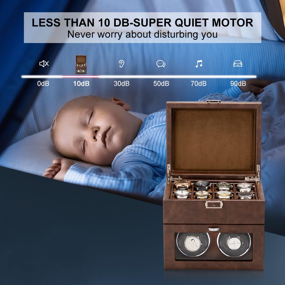 Premium Automatic Double Watch Winder with 8-Slot Storage Display Box - Japanese Quiet Motor, LED Light & Adjustable Watch Pillows - Perfect for Watch Collectors & Luxury Timepiece Storage (AC Adapter Included) - Ideal for Home, Office or Travel Use