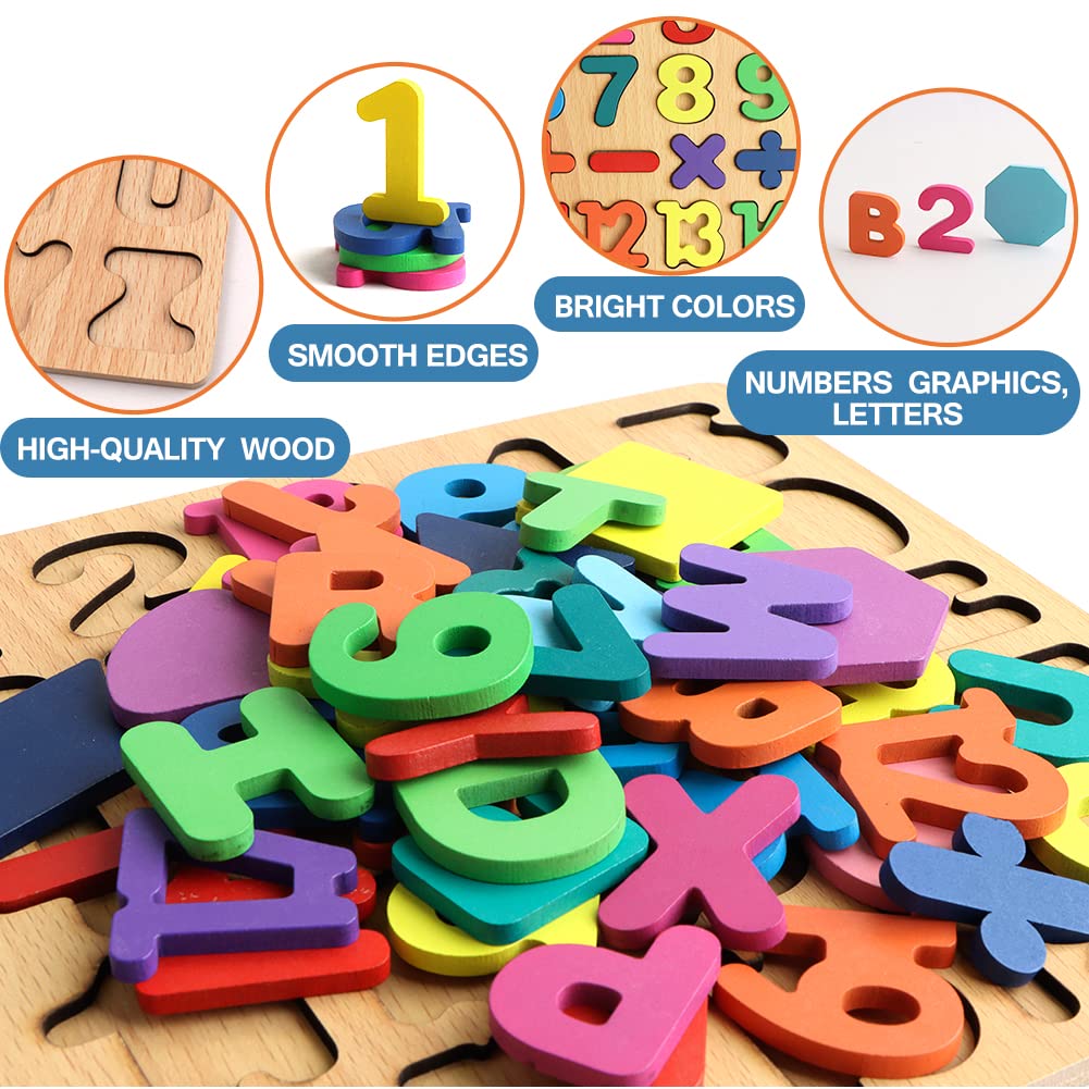 Wooden ABC Alphabet Number Shape Puzzles for Toddlers - 3 in 1 Educational Learning Toys for Kids Boys Girls | Montessori Toys for Early Childhood Development & Homeschooling Activities