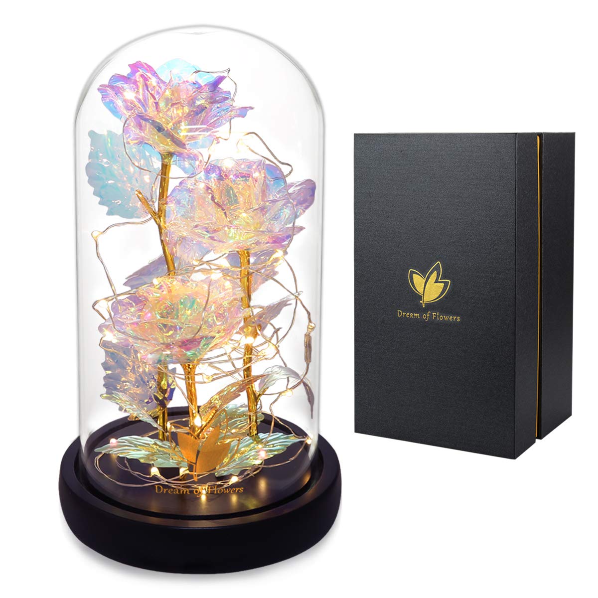Eternal Rose in Glass Dome - Colorful Gold Foil Beauty and The Beast Rose with LED Lights | Romantic Wedding, Anniversary, Valentine's Day Gift for Couples | Birthday Present for Her, Girlfriend, Wife, Mom | Perfect for Home Decor, Bedroom Centerpiece, and Special Occasion Gifts