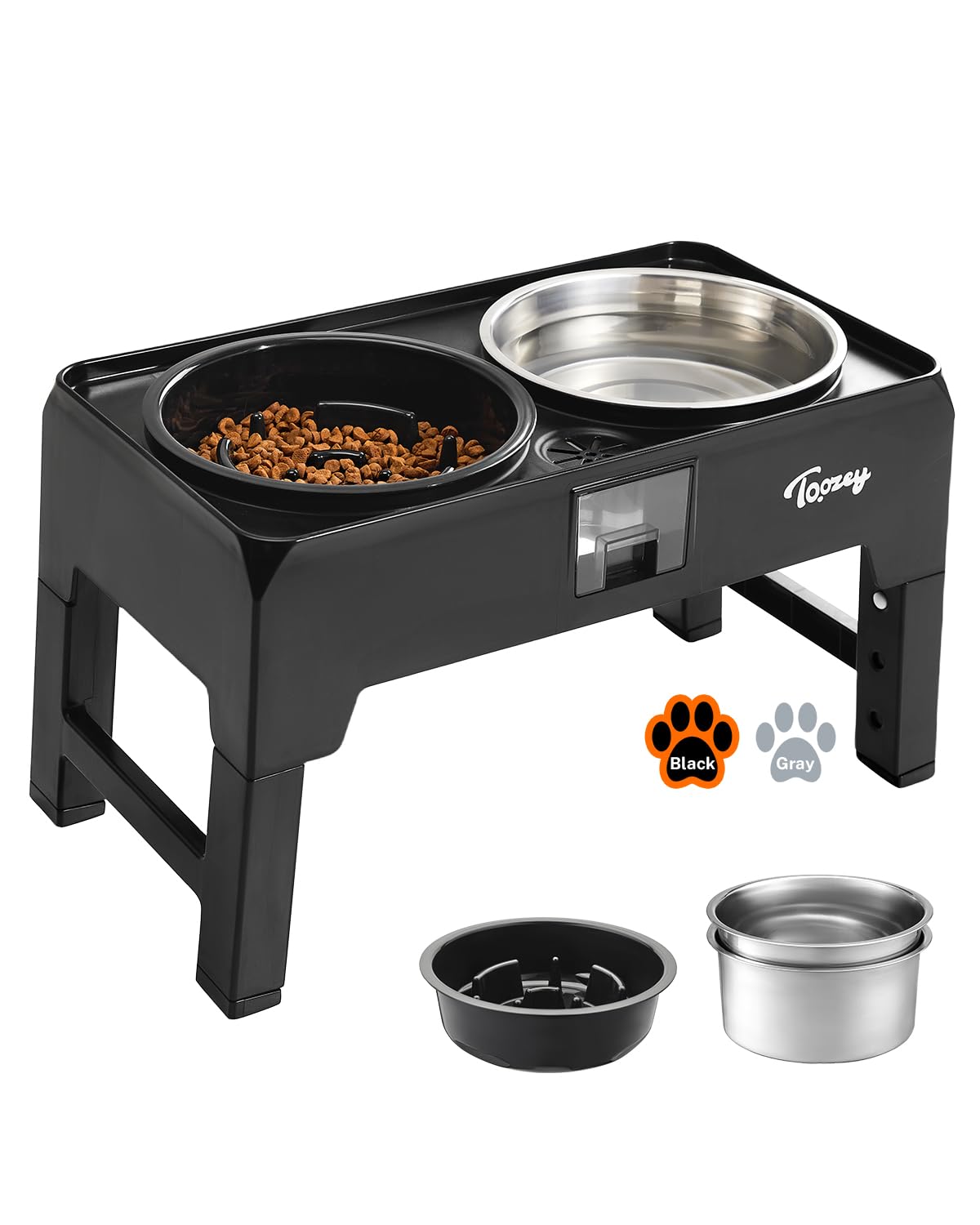 Toozey Elevated Dog Bowls Set - 2 Large 68oz Stainless Steel Bowls & 1 Slow Feeder - Adjustable Height (4 Levels) for Large, Medium & Small Dogs - Spill-Proof Design with Water Collection Tray - Perfect for Mealtime, Digestion & Mess-Free Feeding (Black)