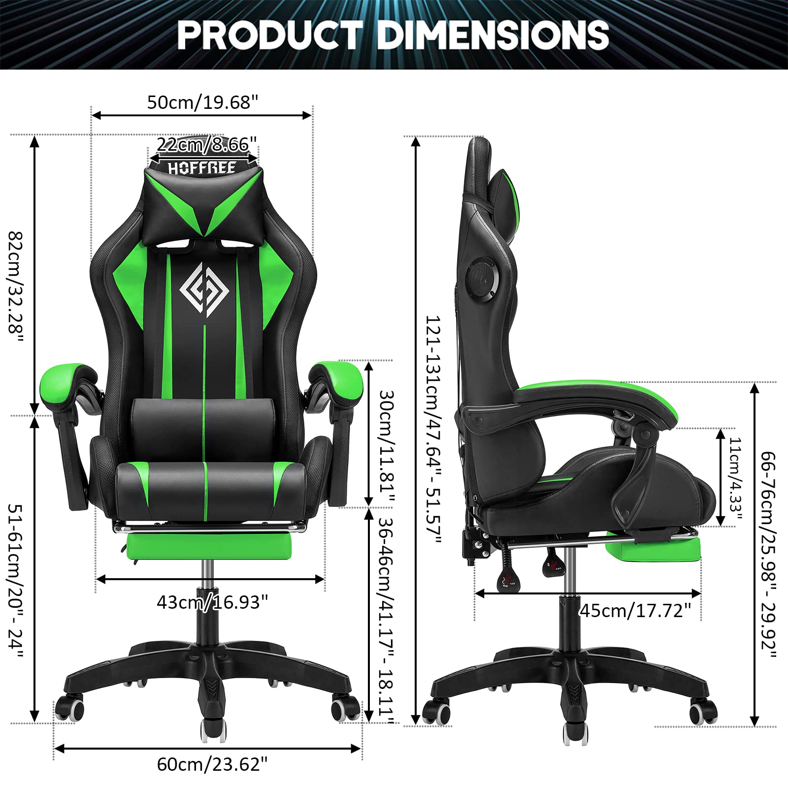 Ergonomic Gaming Chair with Massage, Bluetooth Speakers & RGB LED Lights - High Back Computer Chair with Lumbar Support & Footrest (Green/Black) - Perfect for Esports, Streaming & Home Office Setup