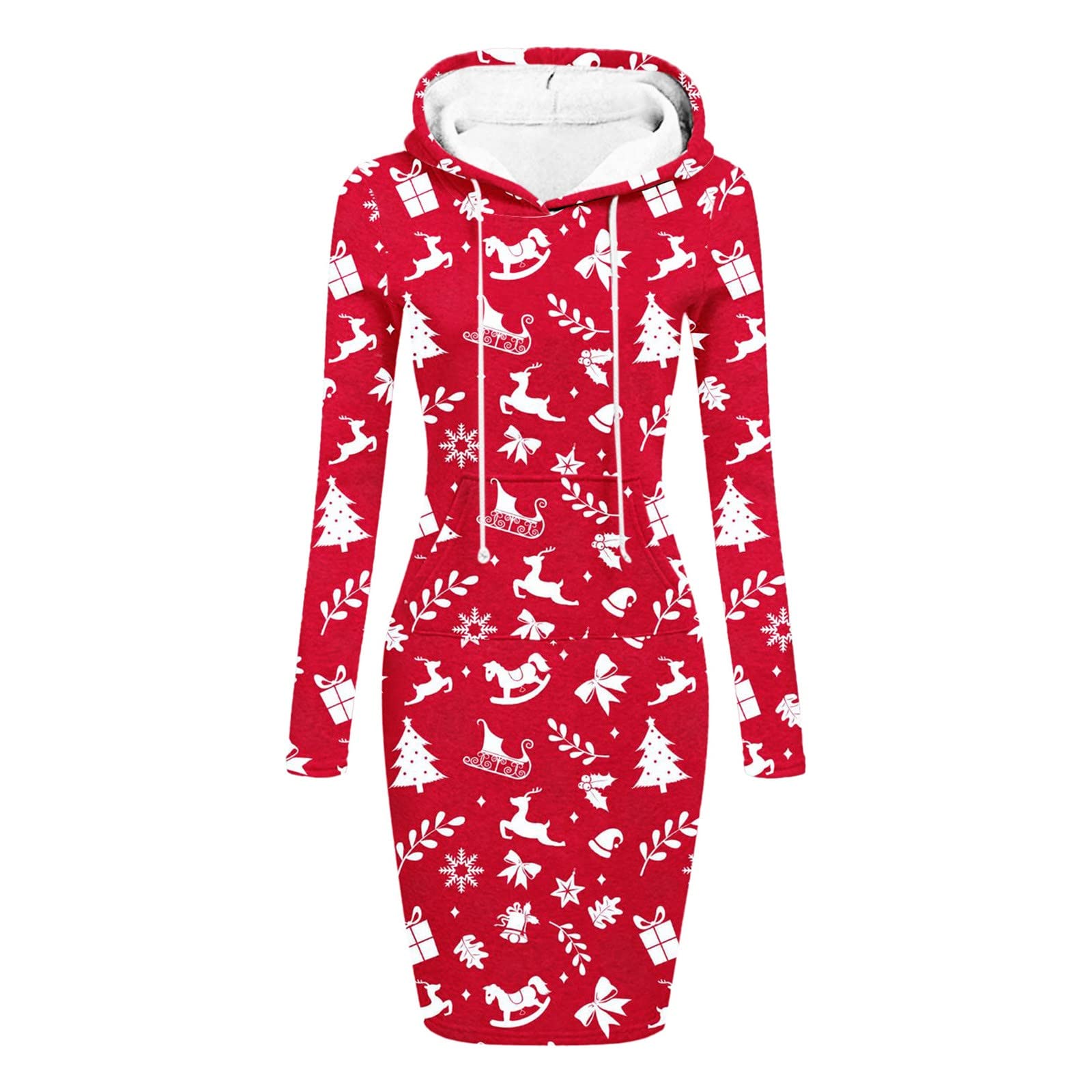 Women's Christmas Print Hoodie Dress - Long Sleeve Plus Size Sweatshirt with Pocket | Cozy Holiday Outfit for Parties & Family Gatherings