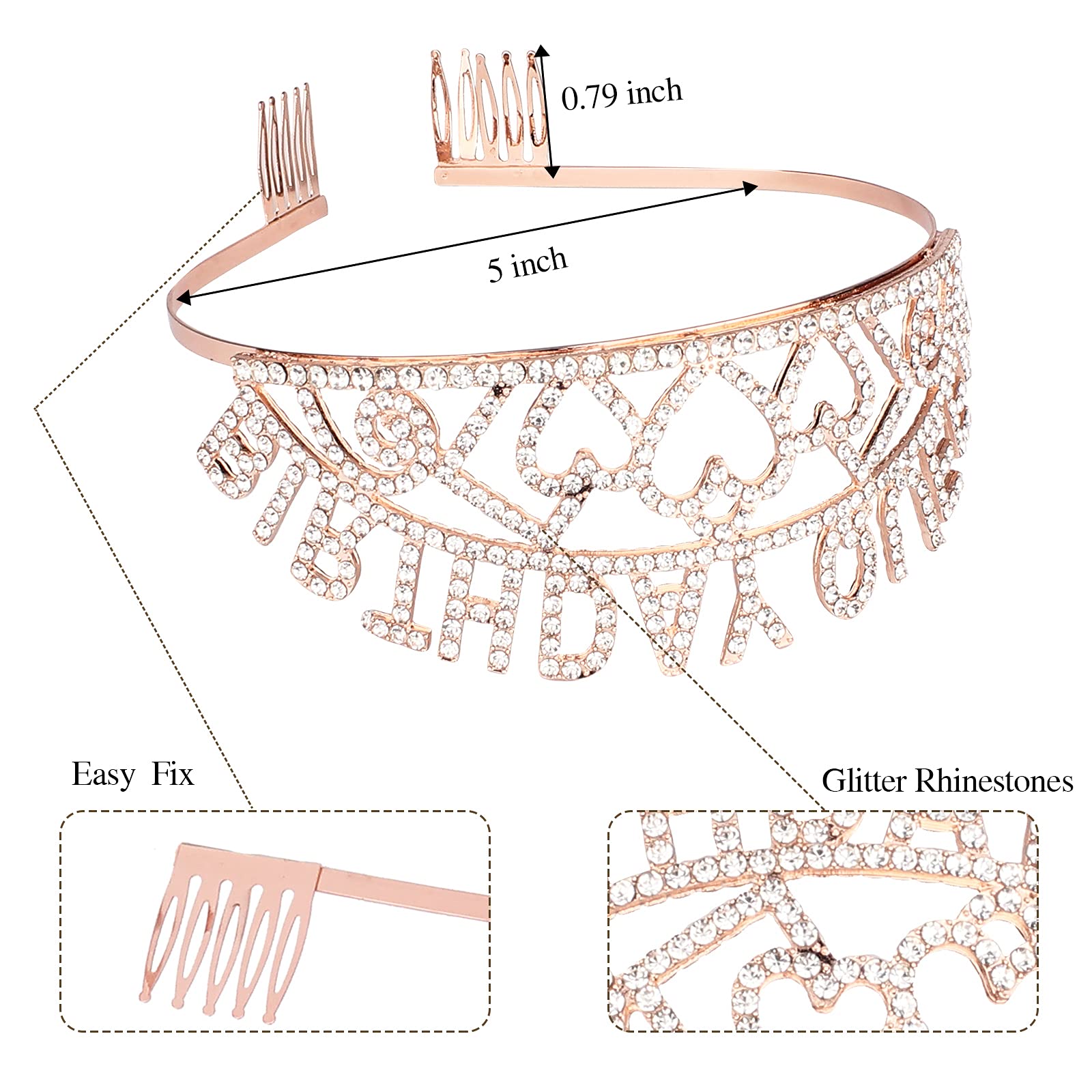Elegant Rose Gold Rhinestone Tiara & Queen Crown Set with Sash - Birthday Princess Party Decor for Women, Girls - Perfect for Birthday Celebrations, Bridal Showers, and Special Occasions