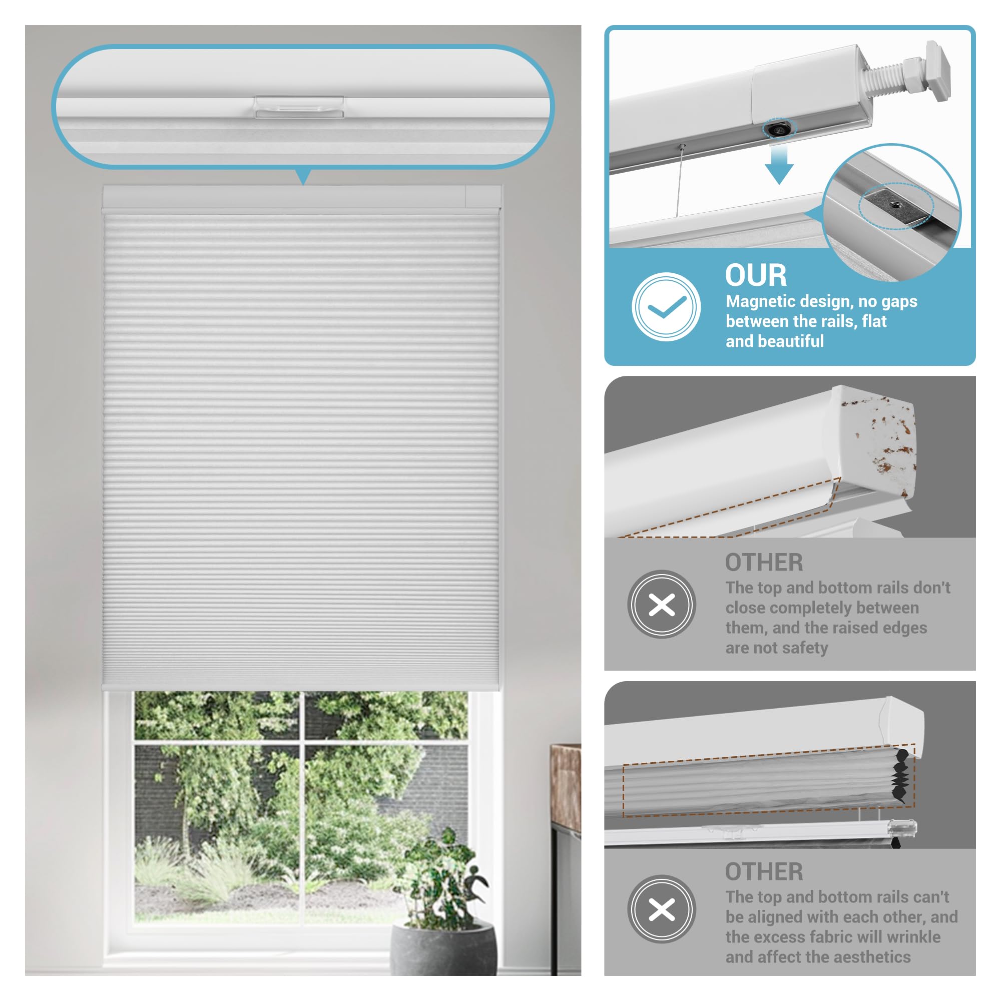 Boolegon No Drill No Tools Cellular Shades - Top Down Bottom Up Honeycomb Blinds, Blackout Cordless Window Coverings - Easy Install for Home & Office, Custom Size (Blackout-White) - Perfect for Bedrooms, Living Rooms & Home Theaters