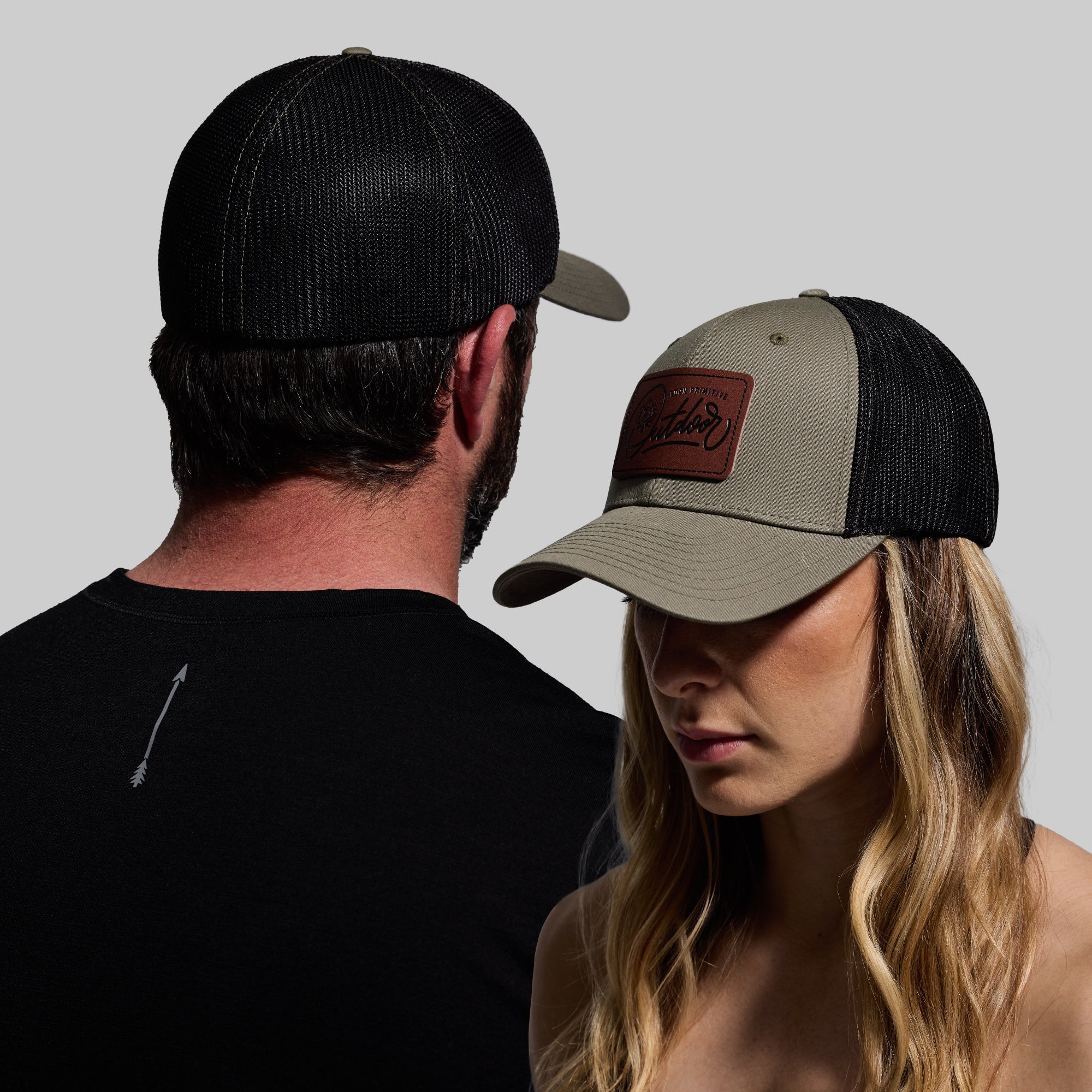 Outdoor Leather Patch FLEX Trucker Hat - Adjustable Snapback Cap in OD Green & Black - Perfect for Hiking, Camping, and Outdoor Adventures