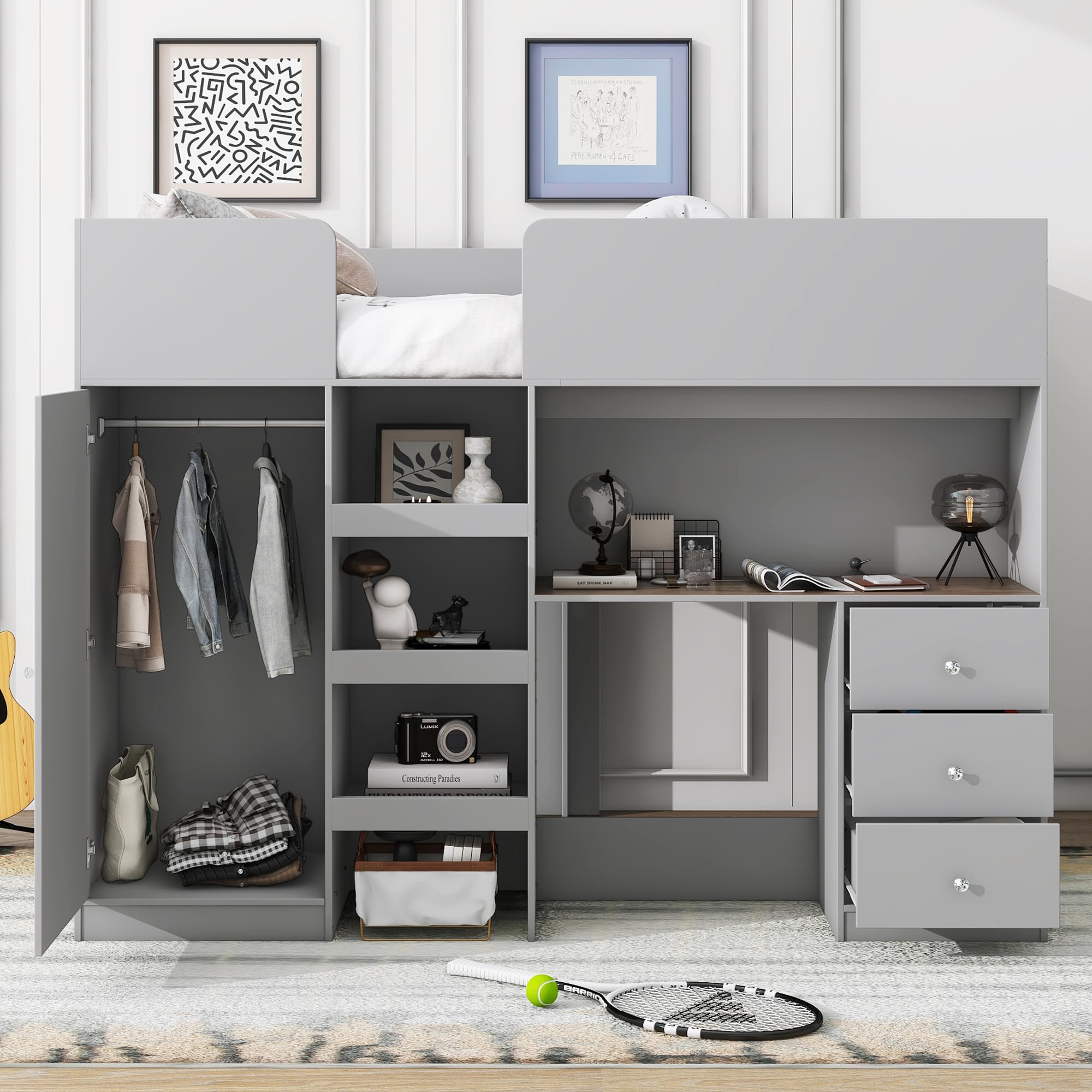 Full Size Loft Bed with Built-in Wardrobe & Desk - Sturdy Wooden Bed Frame with Storage Shelves & Drawers - Space Saving Kids Bedroom Furniture for Boys, Girls & Teens - Easy Assembly - Grey - Perfect for Small Rooms, Dormitories & Shared Spaces