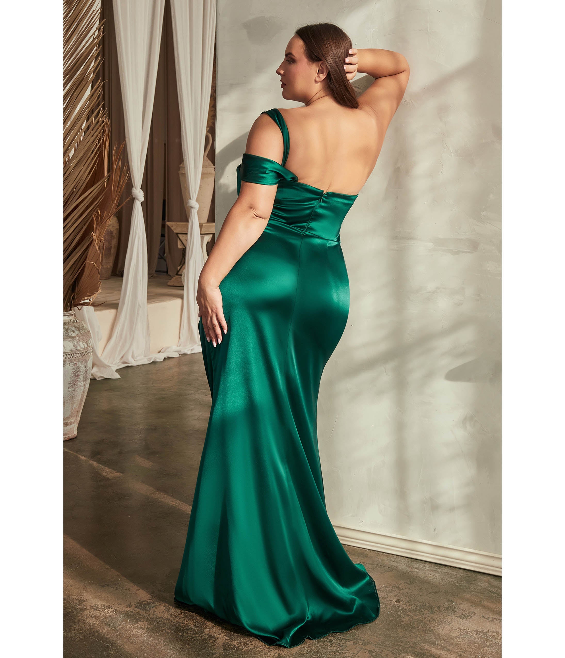 Ladivine by Cinderella Divine Plus Size Emerald Green Ruched Satin One Shoulder Formal Evening Gown for Prom, Wedding Guest, Cocktail Party & Special Occasions