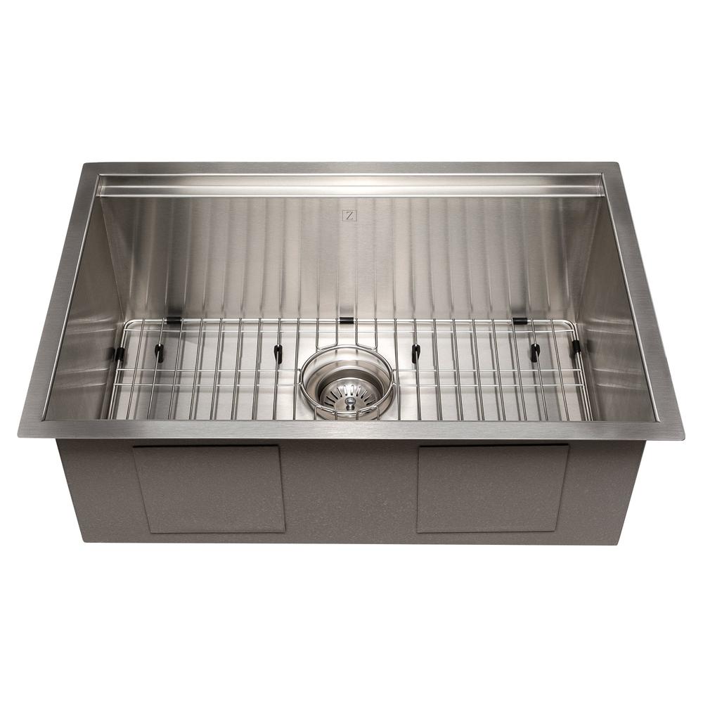 ZLINE Garmarch 27-Inch Undermount Single Bowl Stainless Steel Kitchen Sink with Bottom Grid & Accessories (SLS 27) - Perfect for Modern Kitchens, Remodeling & Heavy-Duty Cooking