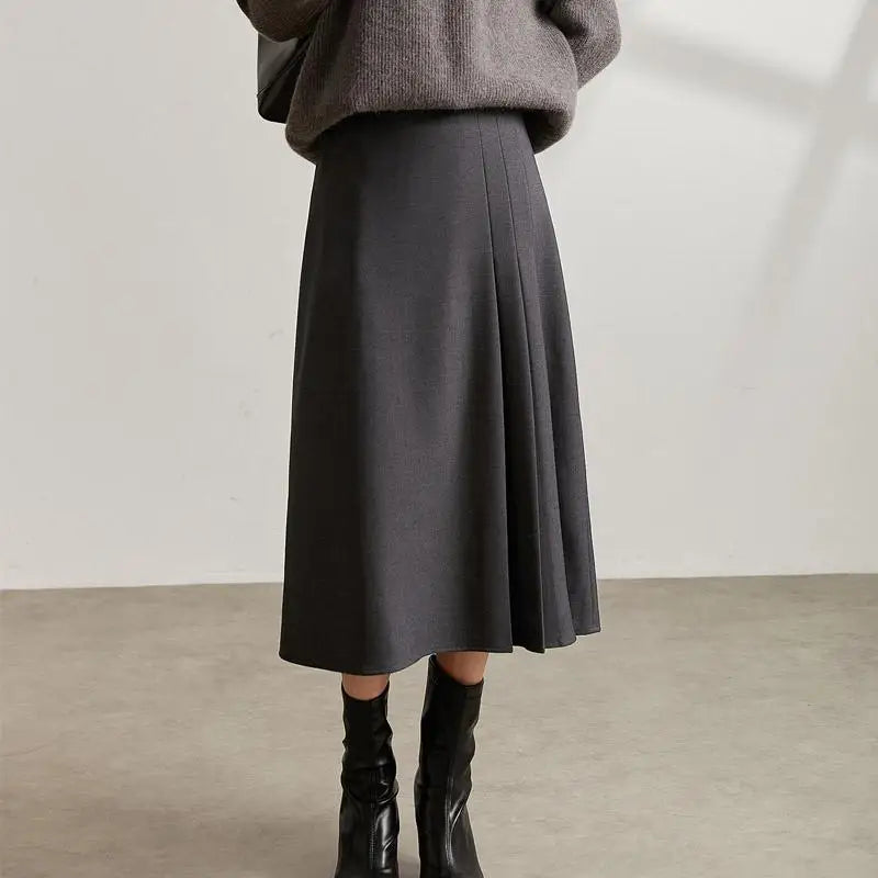 Vintage High Waist Pleated Wool Skirt for Women - Black & Grey A-Line Long Skirt, Elegant Winter Party Wear, Fall Festival Fashion, Office to Evening Outfits