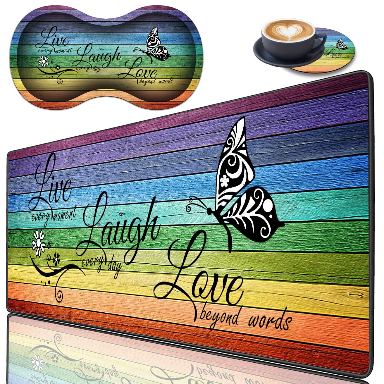 3-Piece Mouse Pad Set with Stitched Edges - Large Anti-Slip Desk Mat, Keyboard Pad & Memory Foam Wrist Rest - Includes Coffee Coaster - Perfect for Office, Home & Gaming (Glitter 
