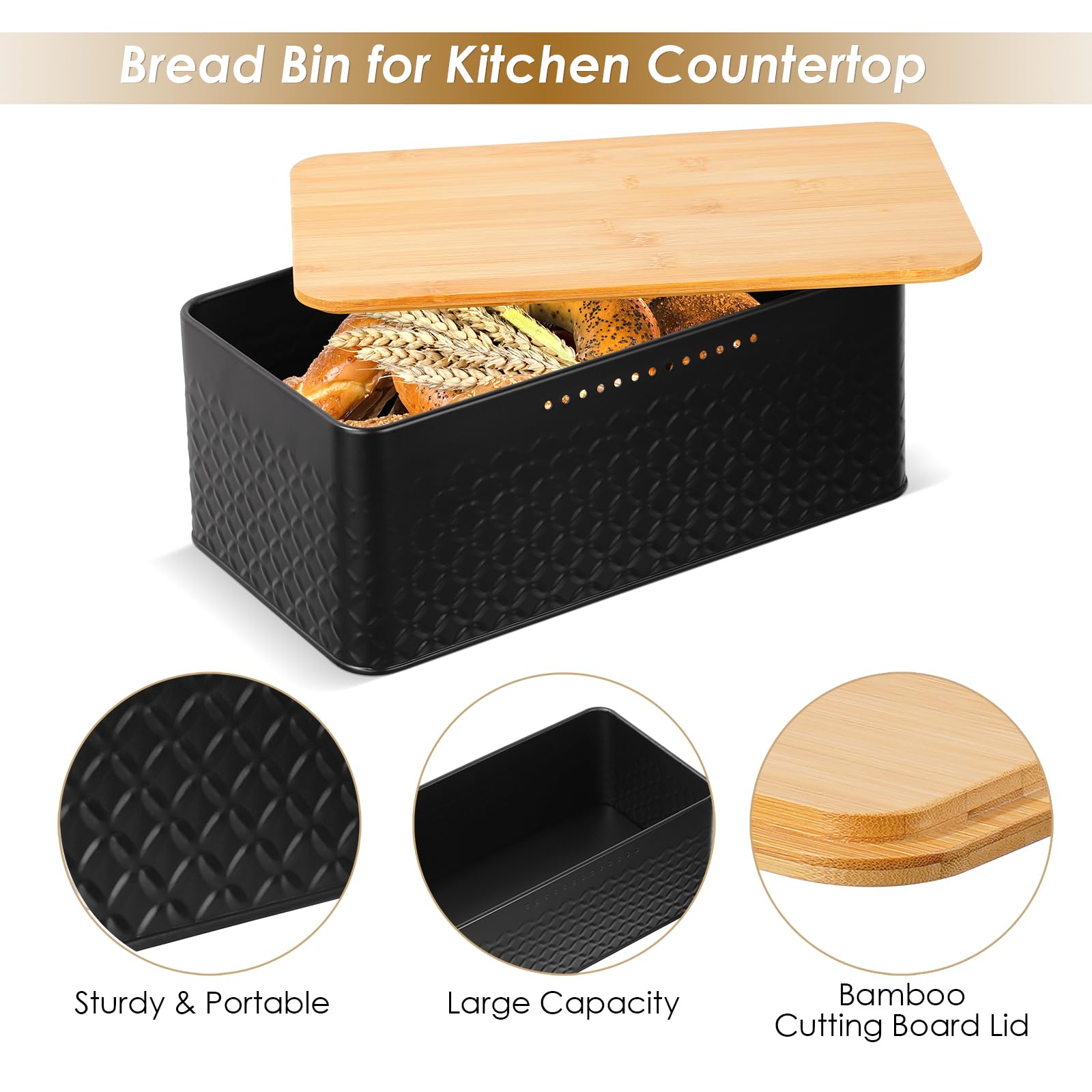 Stainless Steel Bread Box with Bamboo Cutting Board Lid - Airtight Bread Storage Container for Kitchen Countertop, Modern Bread Bin & Bread Keeper - Perfect for Home Baking, Pantry Organization & Kitchen Decor (Black)