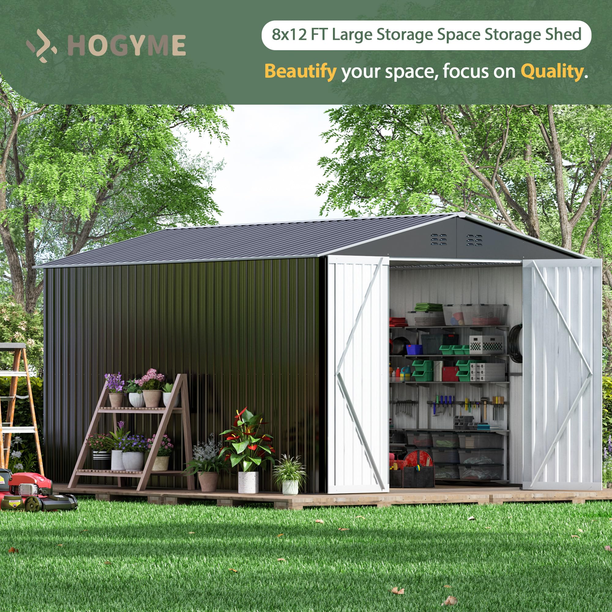 8x12 FT Heavy Duty Outdoor Storage Shed - Large Metal Tool Shed with Reinforced Frame & Lockable Doors - Weatherproof Garden Shed for Backyard, Patio, Lawn Equipment (Grey) | Perfect for Storing Tools, Lawn Mowers & Outdoor Gear