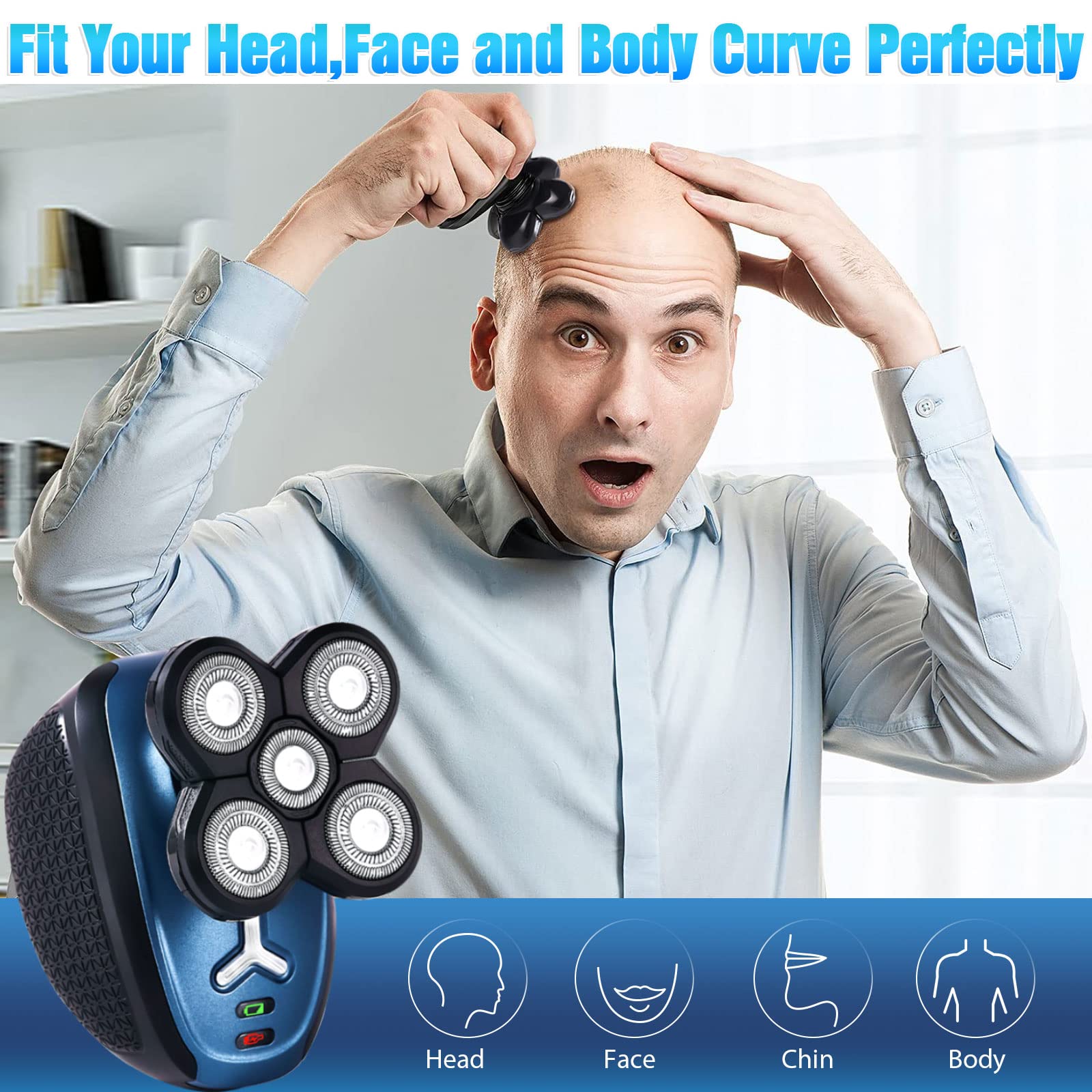 5-in-1 Electric Head Shaver for Bald Men - Cordless, Waterproof Wet/Dry Rotary Razor for Head & Face Shaving - USB Rechargeable - Perfect for Travel, Gym & Daily Grooming Routine