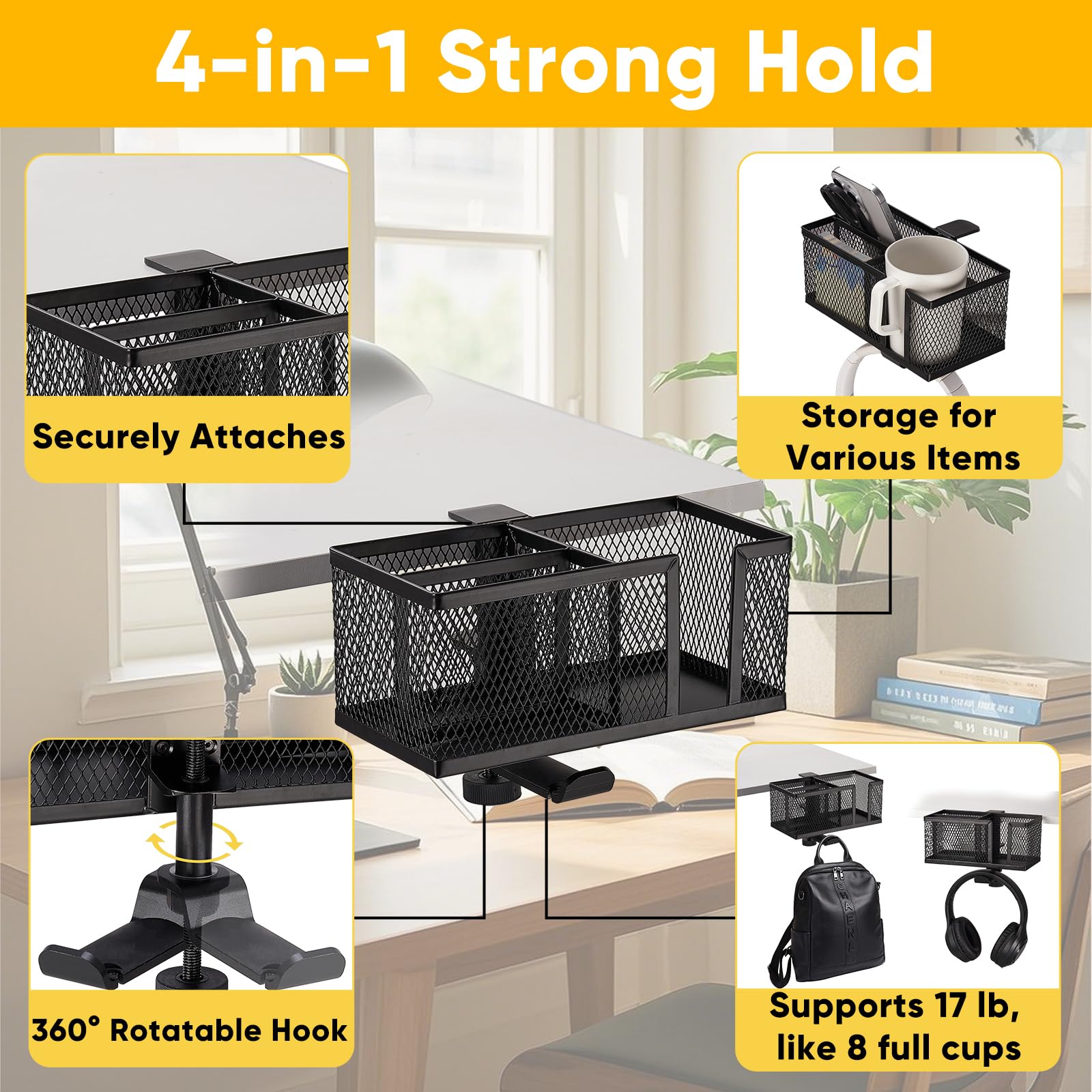 4 in 1 Metal Clip On Cup Holder for Gaming Desk, Office Table, Salon Chair & Bedside - Anti-Spill Drink Holder for Water Bottles, Coffee & Headphones - Sturdy & Easy to Clamp - Perfect for Gamers, Office Workers & Home Use (Black)