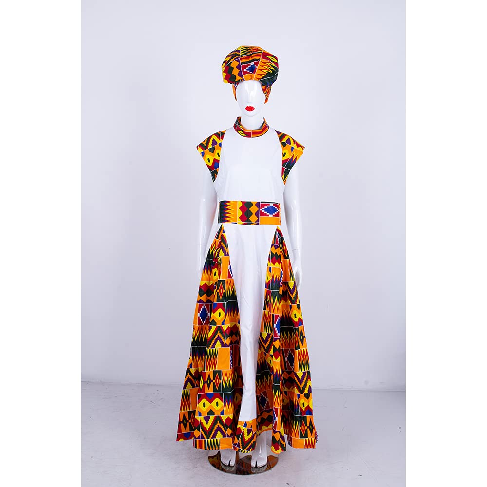 African Print Dresses for Women - Sleeveless Maxi Party Dress with Matching Head Scarf | Plus Size Ethnic Wear for Weddings, Festivals & Cultural Events