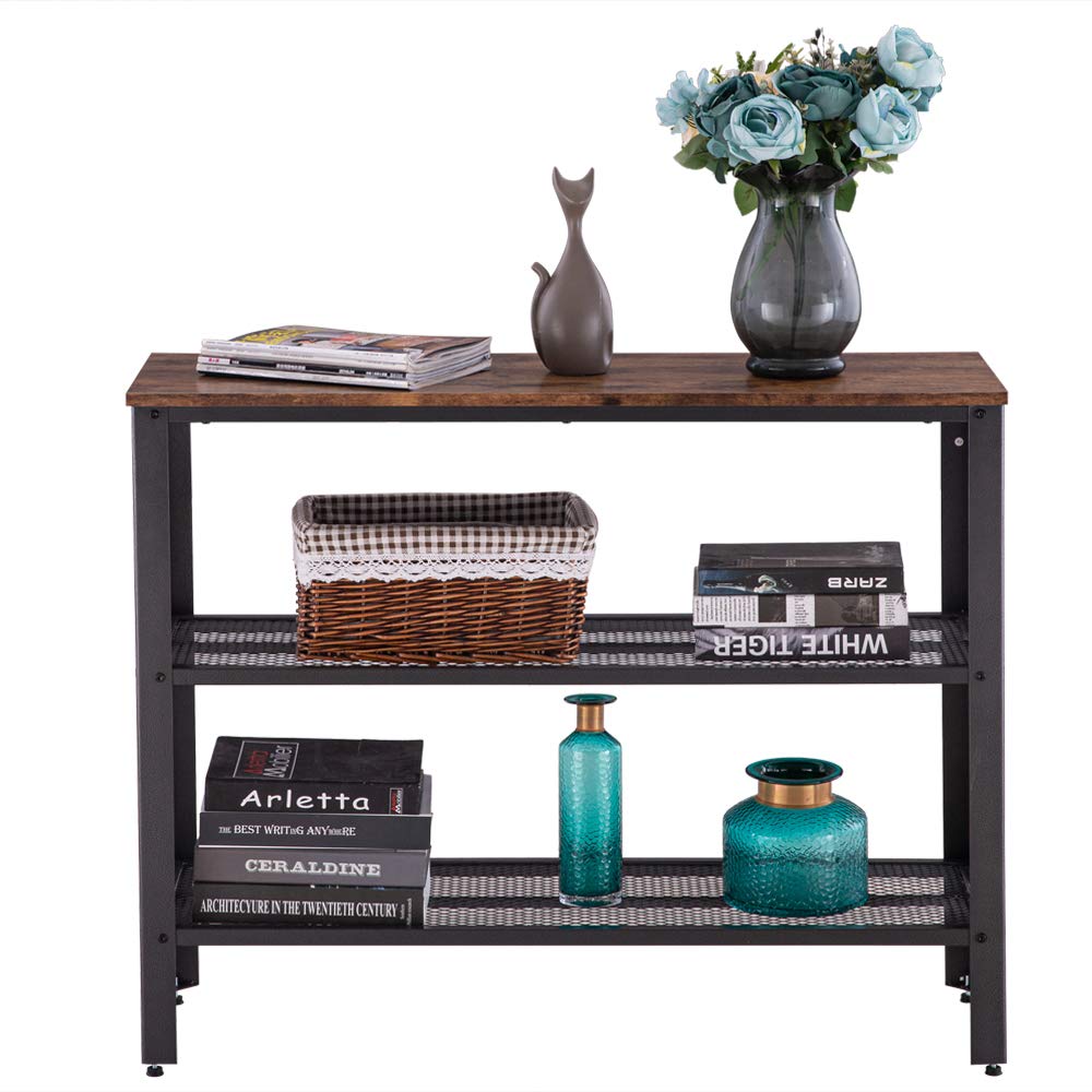Industrial Style 3-Tier Cross Porch Side Table with Iron Net - Black Walnut Finish for Living Room, Entryway, Hallway | Coffee Table, Console Table, Display Table for Home Decor