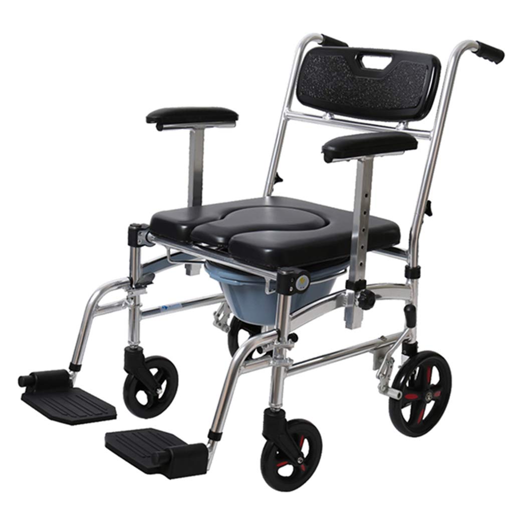 Wheeled Folding Bedside Toilet Chair - Waterproof Aluminum Shower Commode with Adjustable Armrests | Portable Transport Chair for Elderly, Disabled & Pregnant Women | Ideal for Home Care, Hospital Use & Bathroom Safety