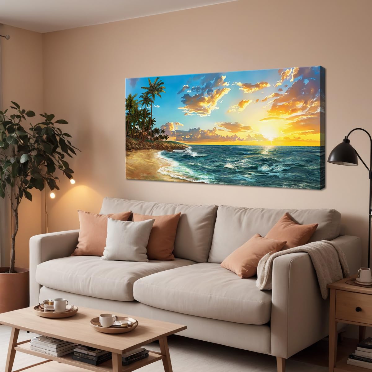 Popuwall XXLarge Tropical Beach Sunset Wall Art - Palm Trees & Ocean Waves Painting for Living Room, Bedroom, Farmhouse & Office Decor | Perfect for Coastal, Summer & Vacation Themed Spaces