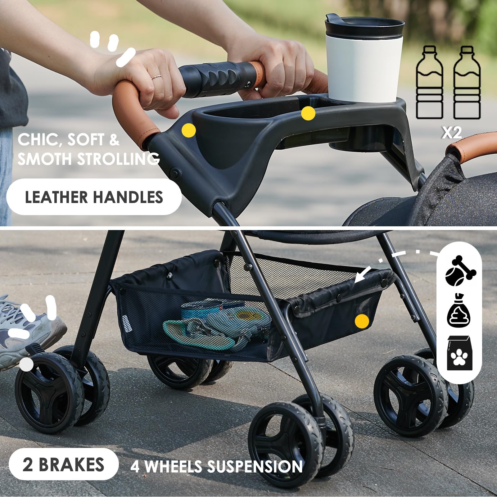 3 in 1 Folding Dog Stroller for Small & Medium Pets - Lightweight Cat Stroller with Removable Carrier, Car Seat & Sunshade - Waterproof All-Terrain Pet Stroller Holds 2 Cats or Dogs - Perfect for Park Walks, Vet Visits & Travel Adventures