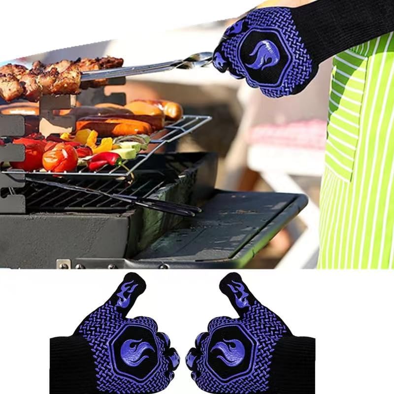 Heat Resistant BBQ Grill Gloves - Fireproof Oven Mittens for Grilling, Smoking & Barbecue - Washable & Durable Up to 1472℉ - Perfect for Kitchen Baking, Camping & Outdoor Cooking (Blue)