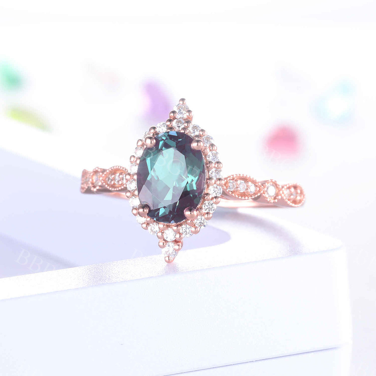 Alexandrite Ring 14K Rose Gold Vintage Engagement Ring with Halo Diamond Wedding Band for Women | Perfect for Promise, Anniversary & Bridal Jewelry Gifts