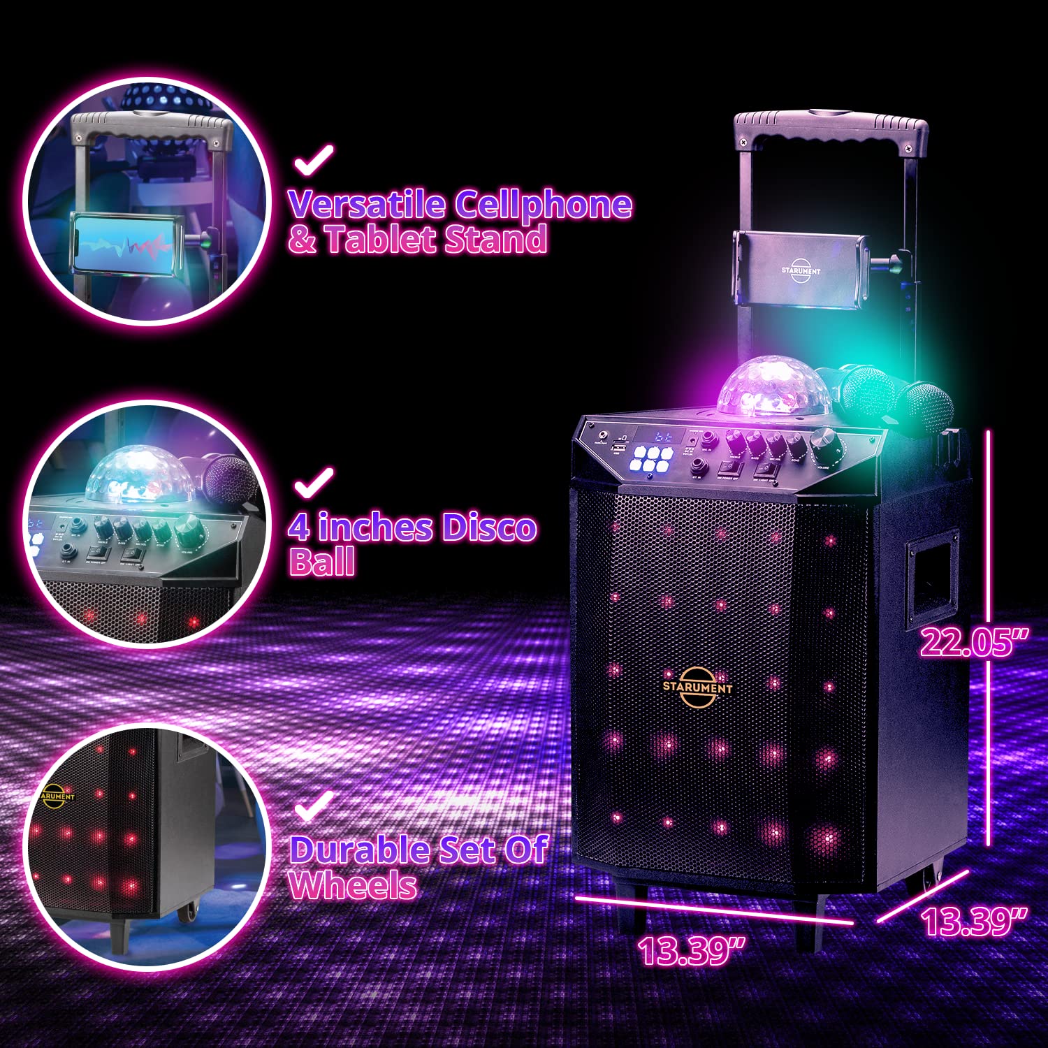 Portable Karaoke Machine with Bluetooth Speakers, 2 Wireless Microphones, Disco Ball & LED Lights - Starument Complete Karaoke System for Adults & Kids - Perfect for Home Parties, Birthday Celebrations & Family Gatherings