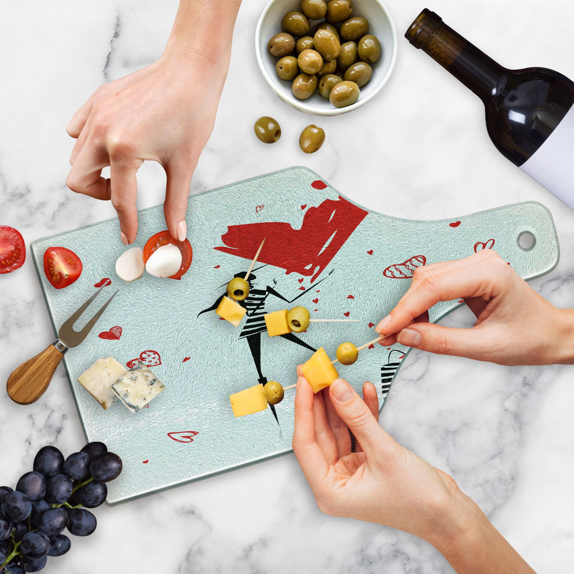 Lunarable Fashion Cutting Board - Urban Lady with High Heels & Giant Valentine's Day Heart Print - Decorative Tempered Glass Serving Board - Wine Bottle Shape in White, Black & Red - Perfect for Romantic Dinners, Valentine's Gifts & Kitchen Decor