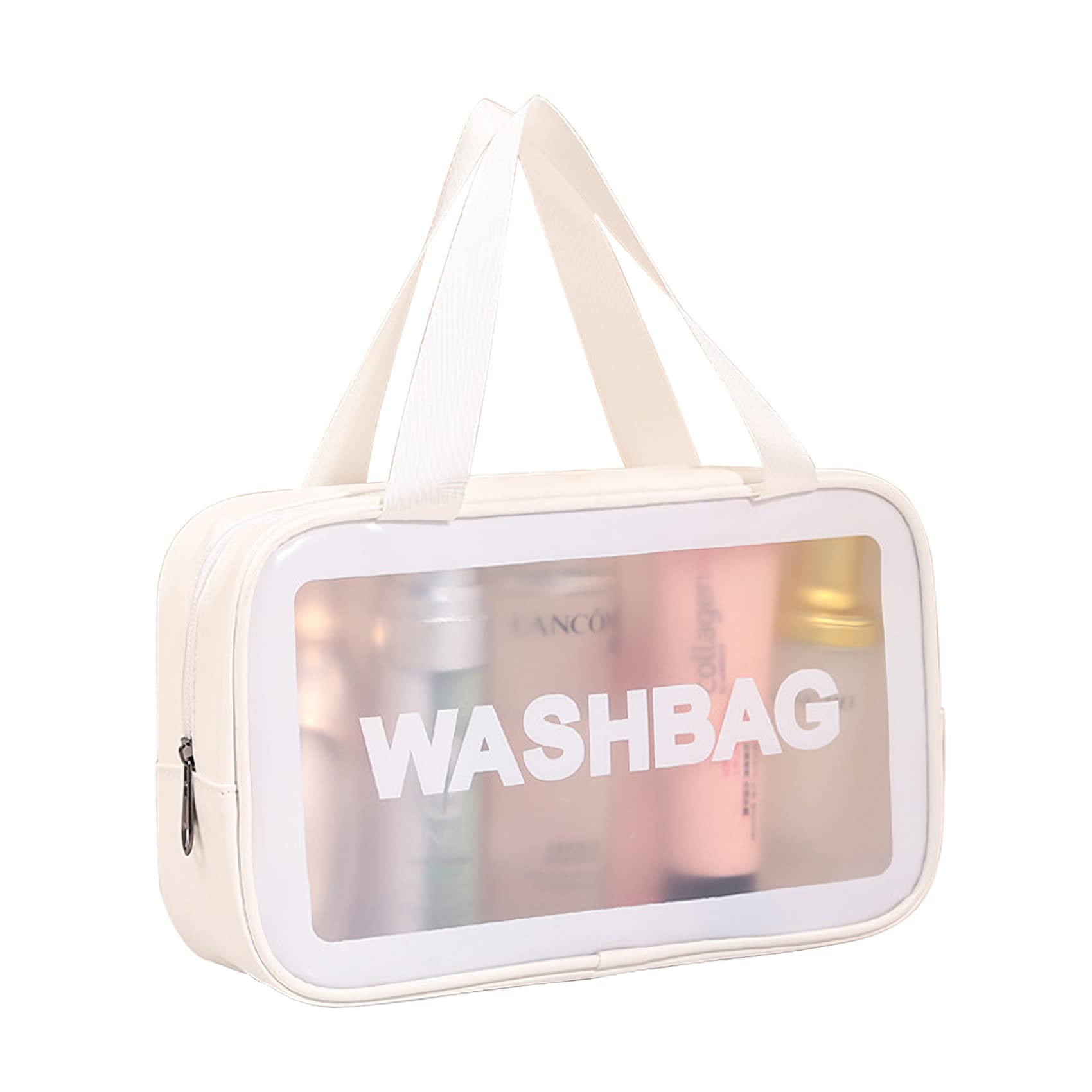 Portable Clear Toiletries Travel Bag - Medium Translucent Cosmetic & Makeup Organizer with Double Handles for Women, Men & Teens - Perfect for Airplane Carry-On, Gym Essentials & Bathroom Storage (White)