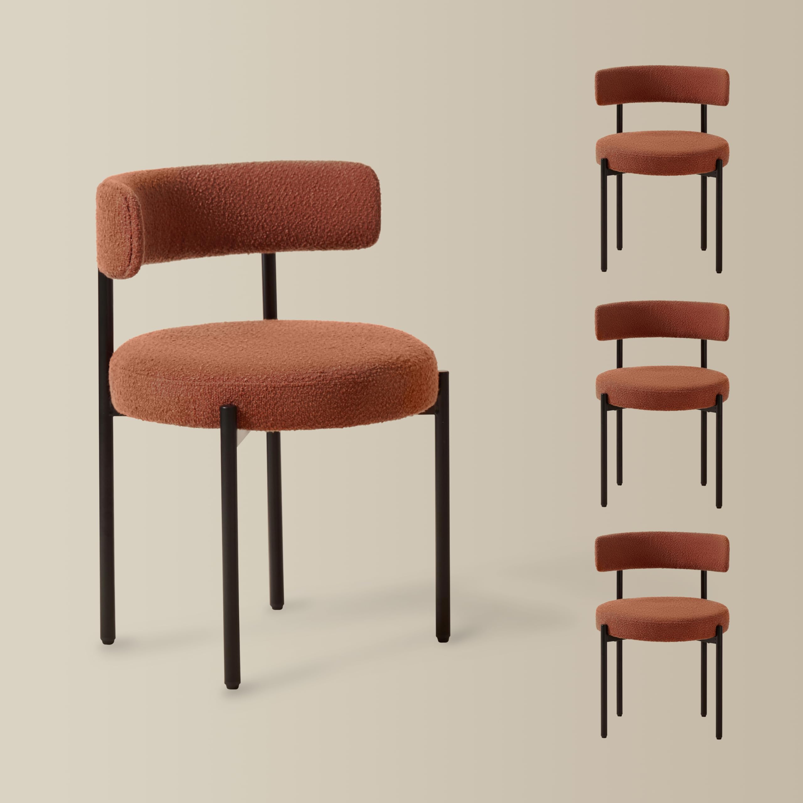 Rust Dining Chairs Set of 4 - Mid-Century Modern Upholstered Boucle Kitchen & Dining Room Chairs with Black Metal Legs - Perfect for Farmhouse, Contemporary & Small Space Dining Areas