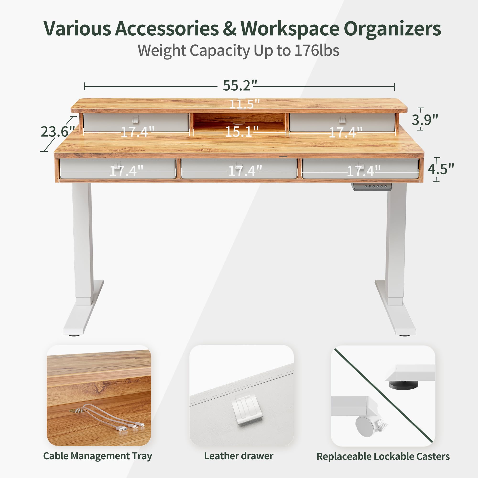 FEZIBO 55 Inch Electric Standing Desk with Storage Shelf & 5 Drawers - Adjustable Height Sit Stand Desk, White Frame & Light Rustic Top (55