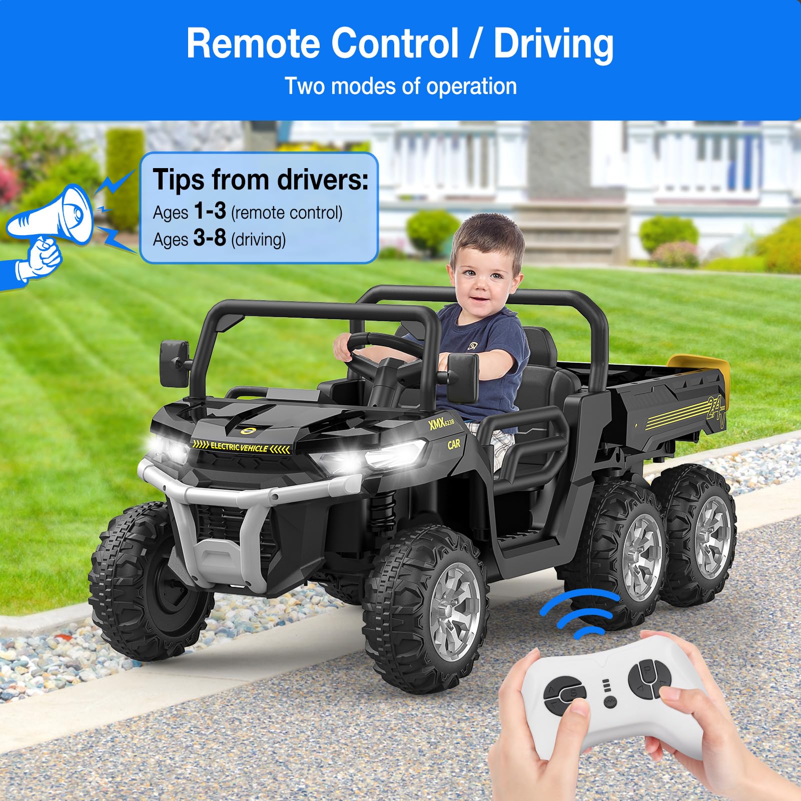 GARVEE 24V 2 Seater Kids Ride On Dump Truck - 6X6 Electric UTV with Remote Control, Battery Powered 6 Wheeler Toy Car for Boys & Girls Ages 3+ (Black) | Perfect for Outdoor Play, Backyard Adventures & Birthday Gifts