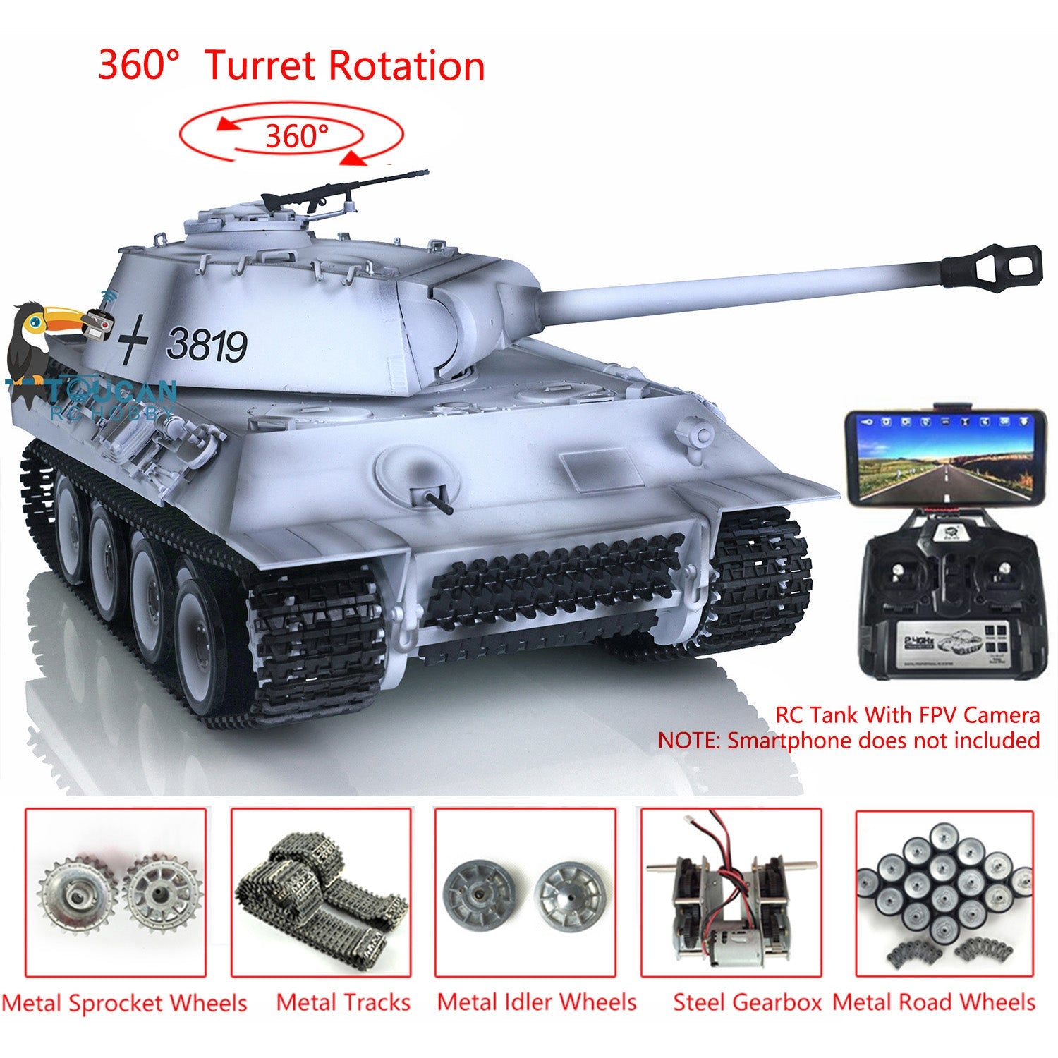 Henglong 1/16 Scale 7.0 RC Panther Tank Model 3819 with FPV Camera, 360° Rotating Turret, Metal Tracks & Steel Gearbox - Realistic Engine Sound & Smoke Effect for Military Enthusiasts & RC Hobbyists (Indoor/Outdoor Play, Collection Display)
