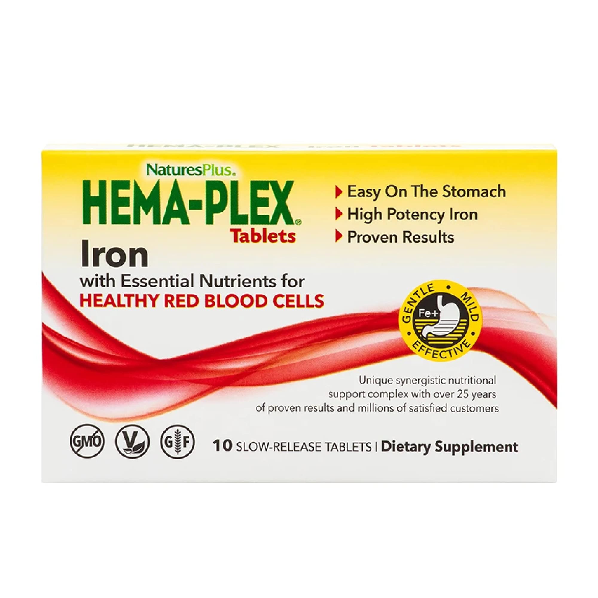 NaturesPlus Hema-Plex Iron Supplement - 10 Slow-Release Tablets with 85mg Chelated Iron for Total Blood Health - Enriched with Vitamin C & Bioflavonoids - Vegan & Gluten Free (10 Servings) - Ideal for Anemia Support & Energy Boost