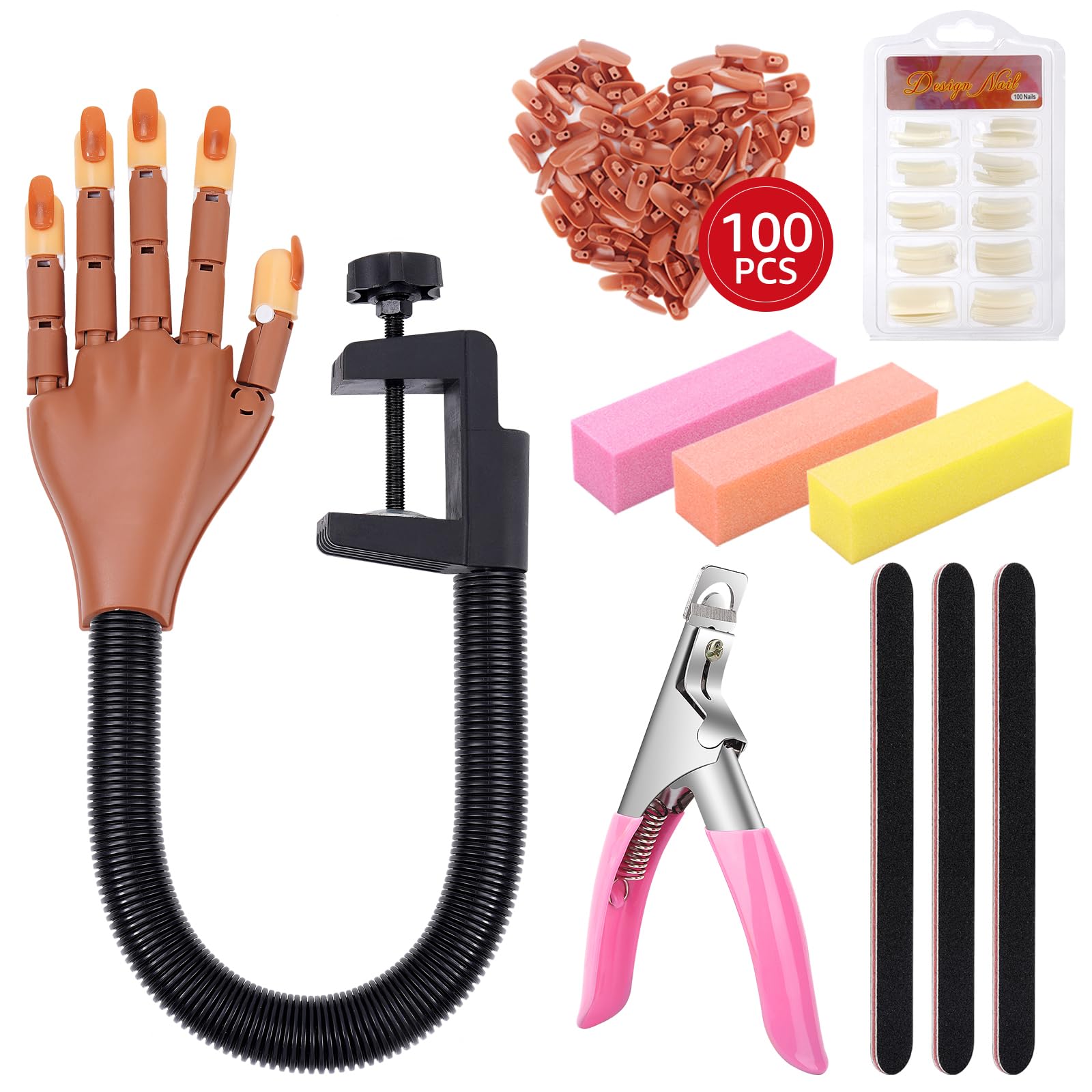 Adjustable Practice Hand for Acrylic Nails - Flexible Mannequin Hand with Movable Fingers, Nail File, Clipper & 100pcs Coffin Tips - Perfect for Nail Art Training, Salon Practice & DIY Nail Extension at Home