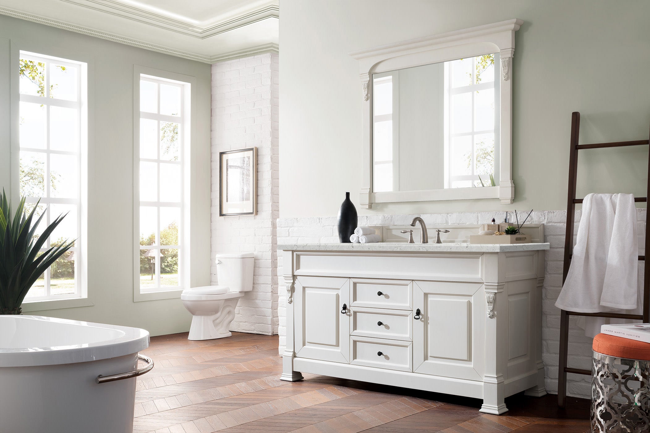 Brookfield 60 Inch Single Bathroom Vanity with Bright White Finish & 3CM Eternal Jasmine Pearl Quartz Top - Perfect for Modern Bathroom Renovations and Home Upgrades