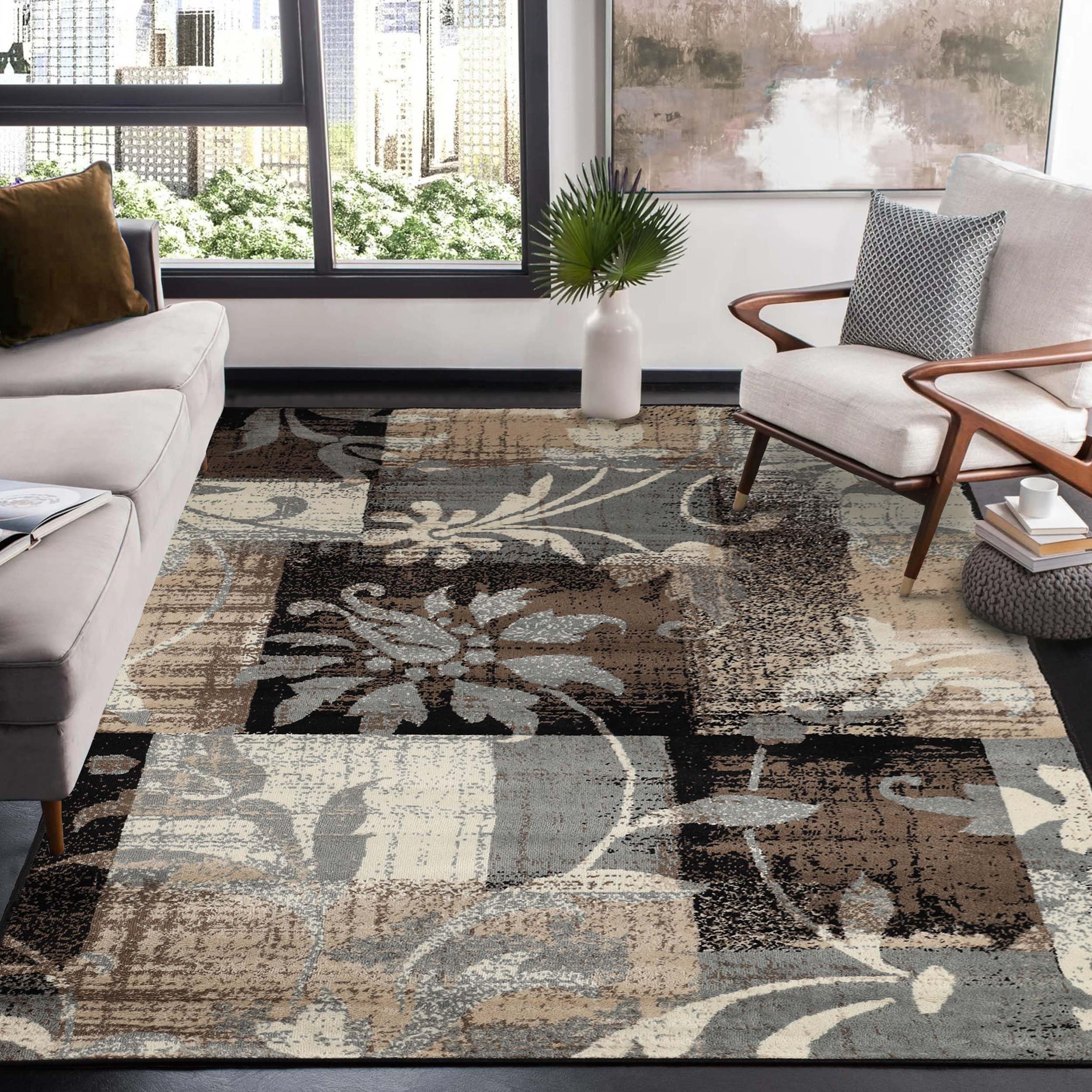 Premium Floral Patchwork Non-Slip Washable Area Rug 10x14 Feet - Soft Brown Indoor Rug for Living Room, Bedroom & Dining Room Decor