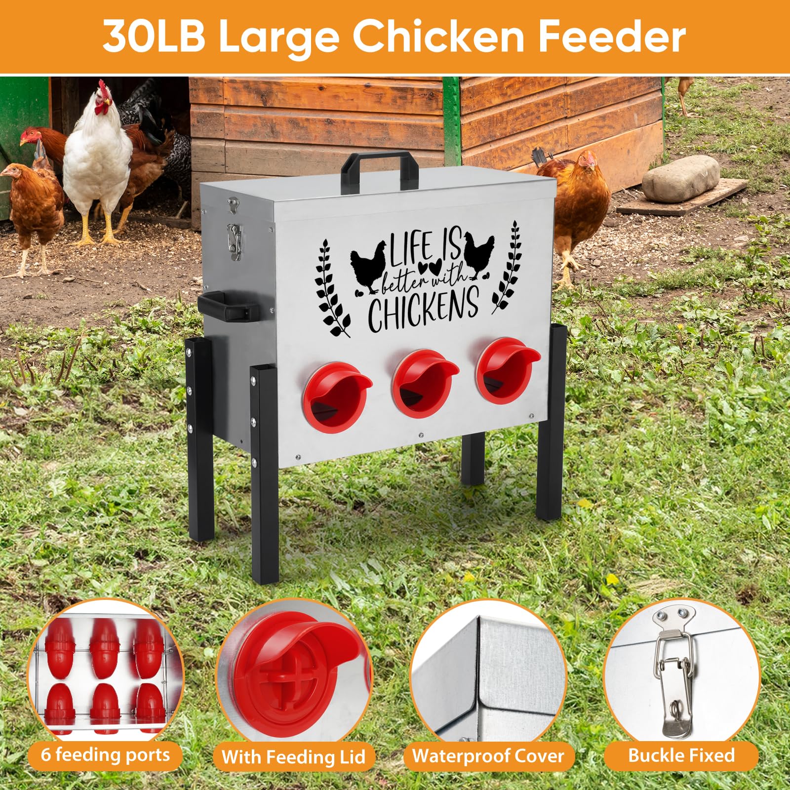 30 lbs Galvanized Metal Chicken Feeder Box with 6 Feeding Ports & Stand - Durable Poultry Feeder for Chickens, Ducks, Geese - Perfect for Coops, Farms & Backyard Flocks