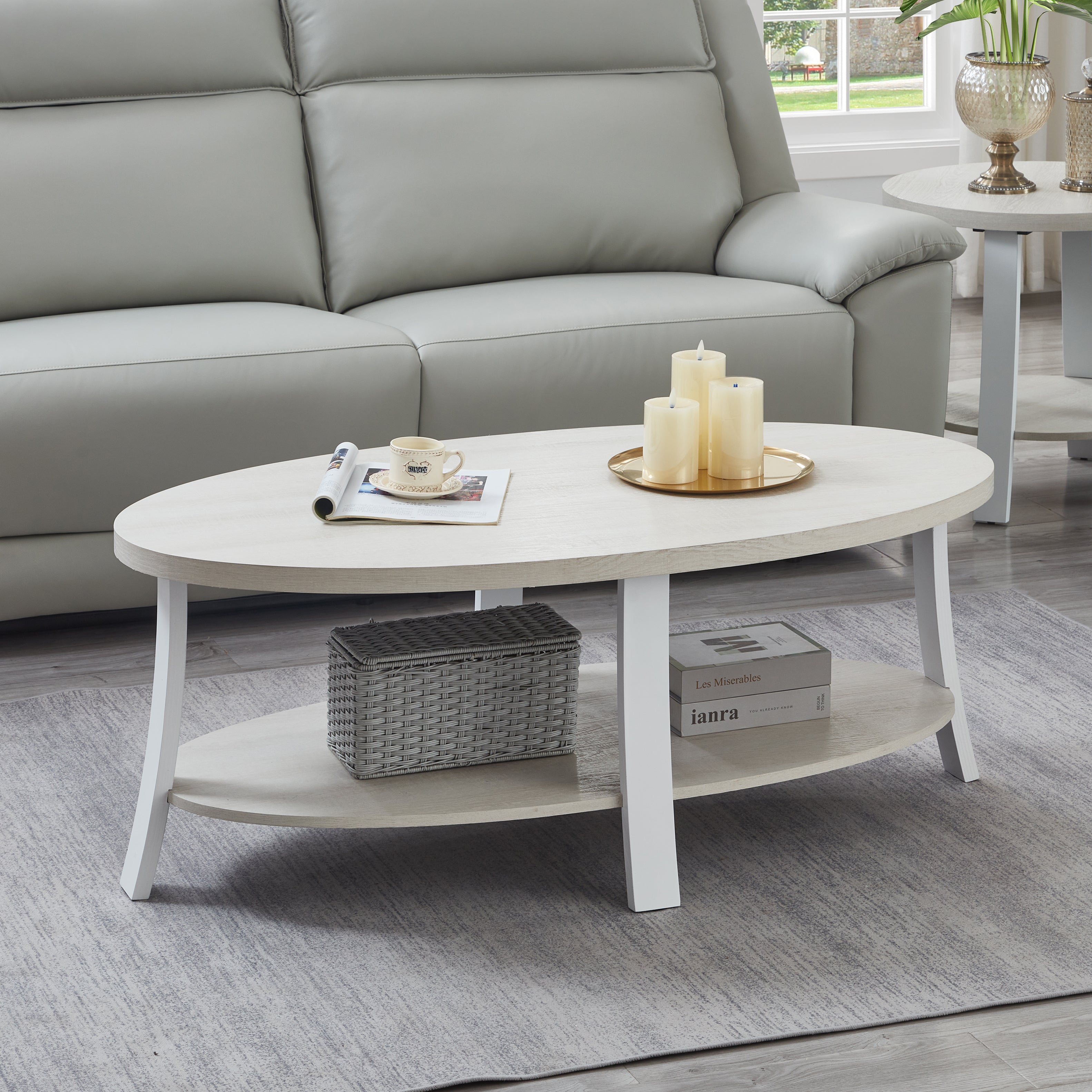 Roundhill Furniture Anze Contemporary Oval Wood Shelf Coffee Table - Modern Living Room Centerpiece for Home Decor & Storage
