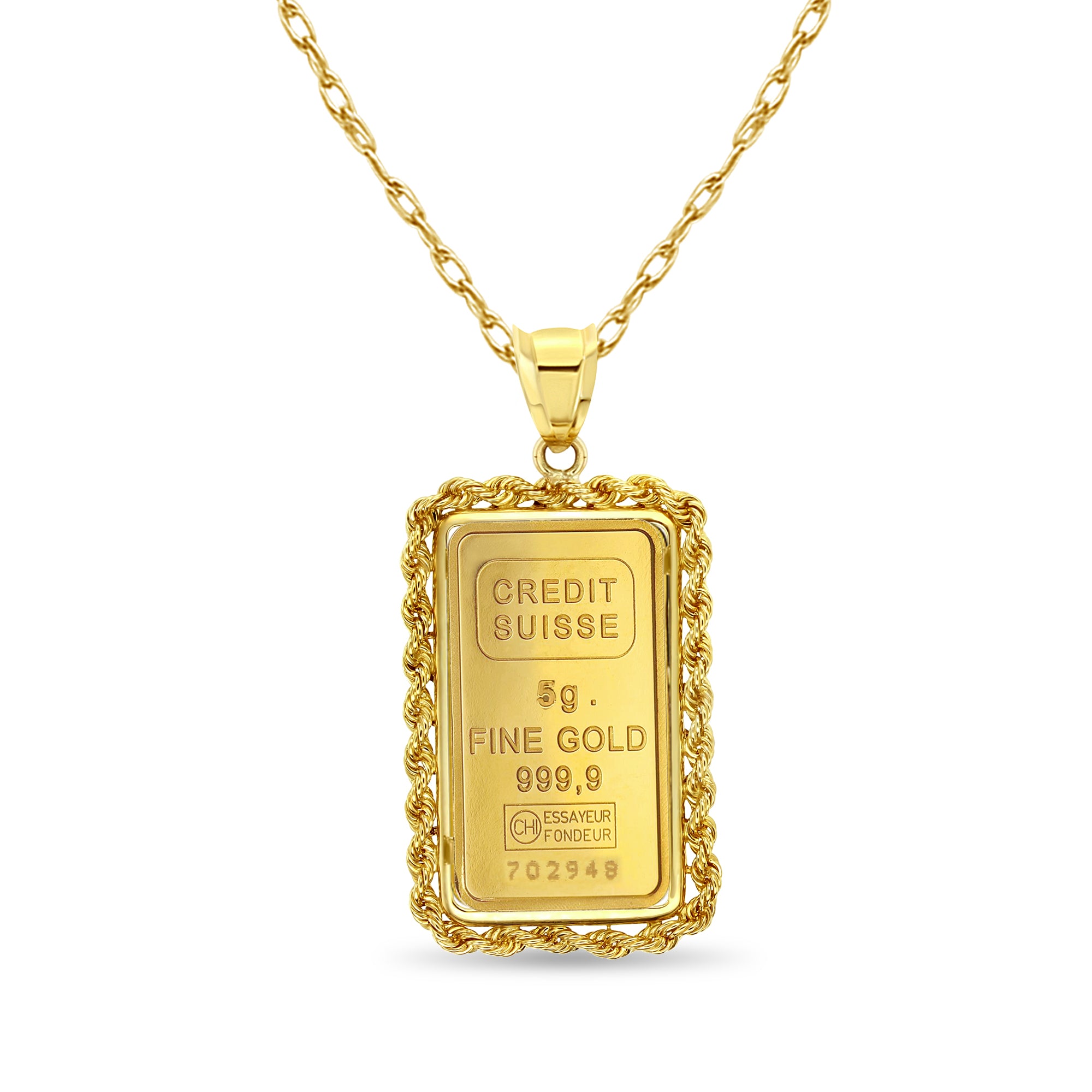 5 Gram Pamp Suisse Gold Bar Rope Bezel Necklace - 24K Pure Gold Pendant for Women, Luxury Jewelry Gift for Her, Perfect for Parties, Weddings & Special Occasions