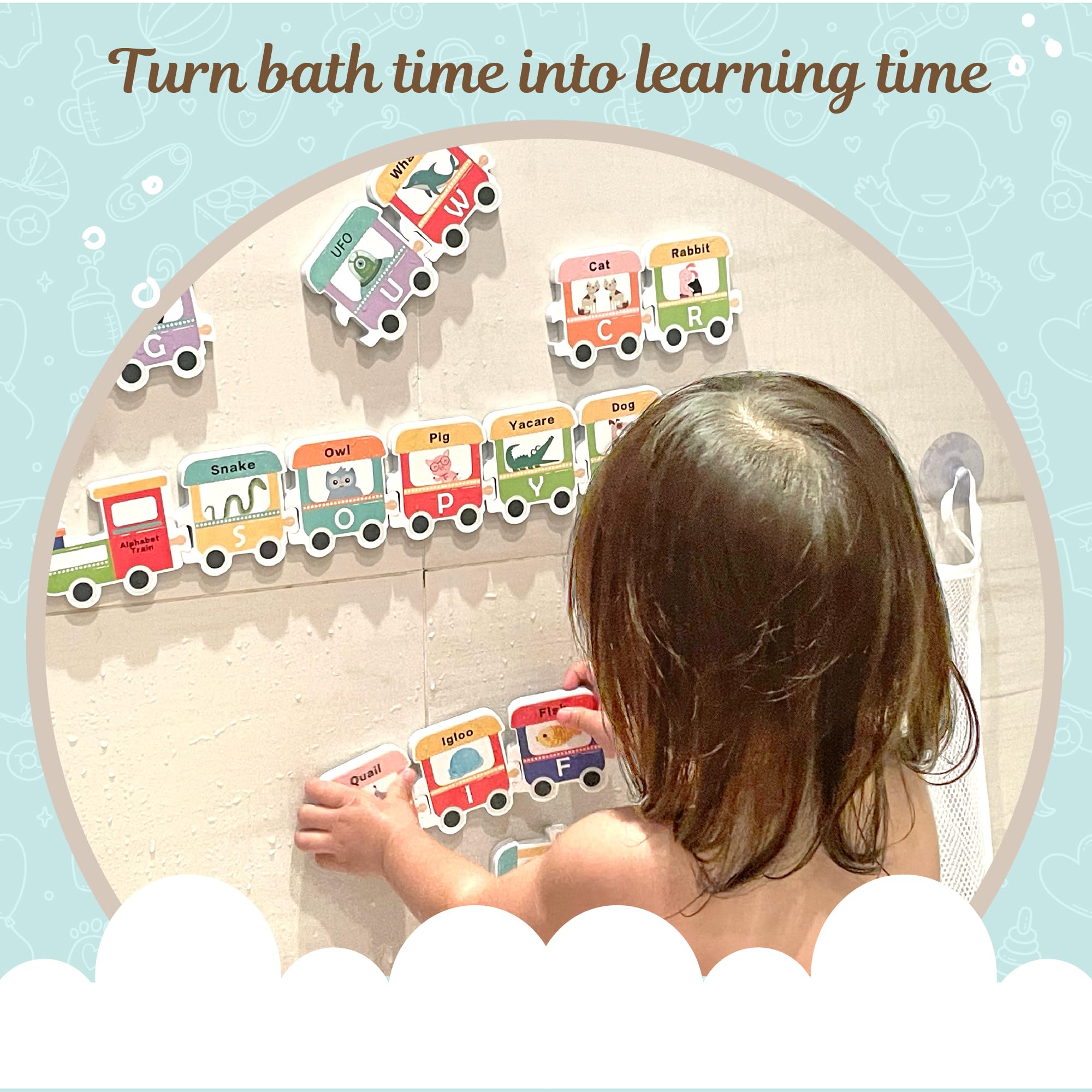 **Alphabet Learning Toys for Kids - 26 Train Letters & Mesh Organizer, Toddler Bath Toys for Boys & Girls, Preschool Educational Bathing Toys for Home & Travel**