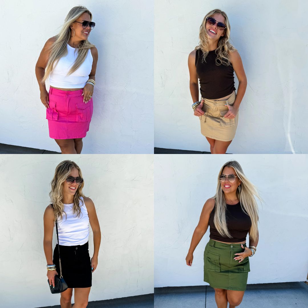 PREORDER: Carly Cargo Skirt - Women's Fashion Utility Skirt with Pockets in Multiple Colors | Perfect for Outdoor Adventures, Travel & Casual Wear