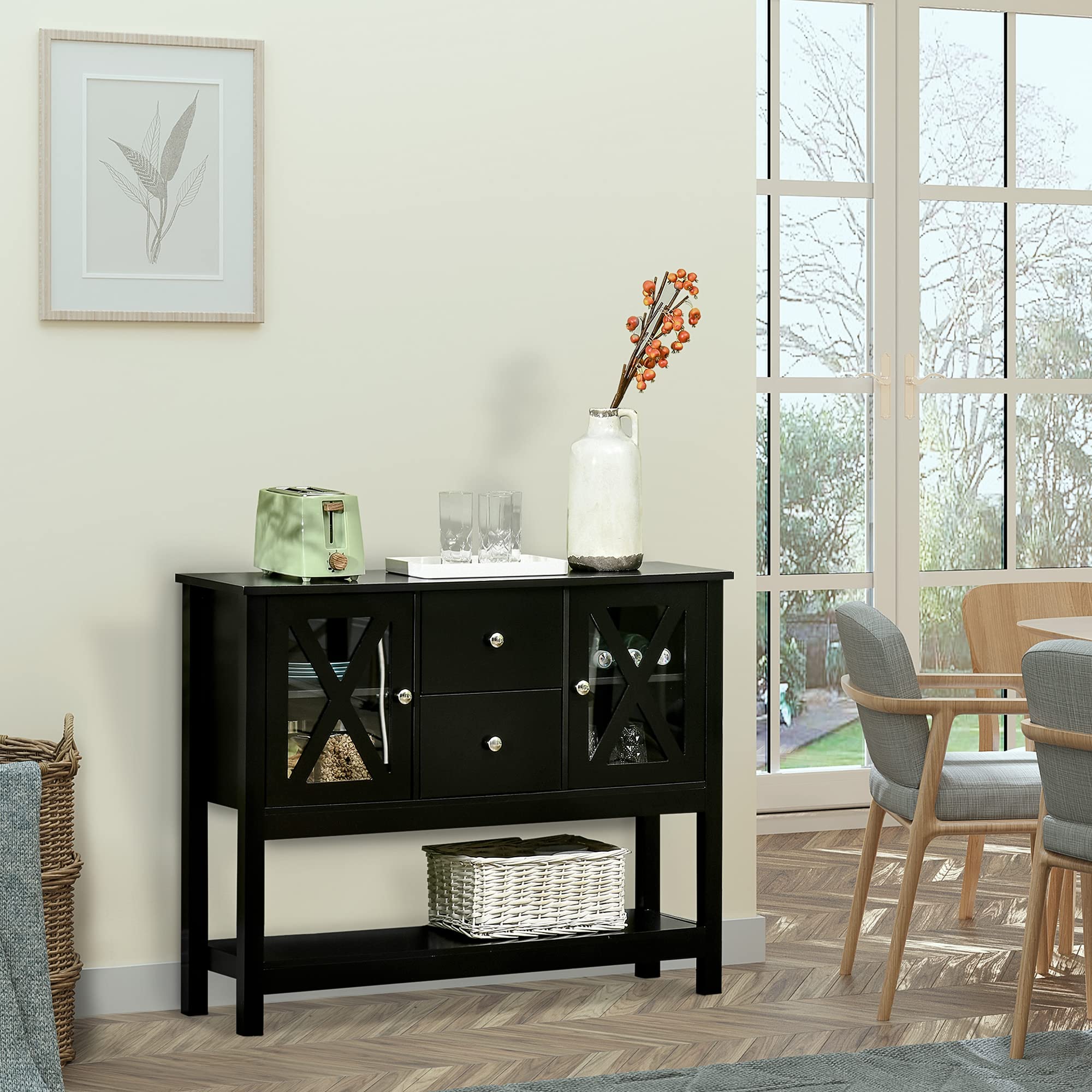 HOMCOM Sideboard Buffet Cabinet with Storage Drawers & Glass Door - Kitchen Coffee Bar Cabinet for Living Room, Entryway - Black | Perfect for Home Storage & Entertaining
