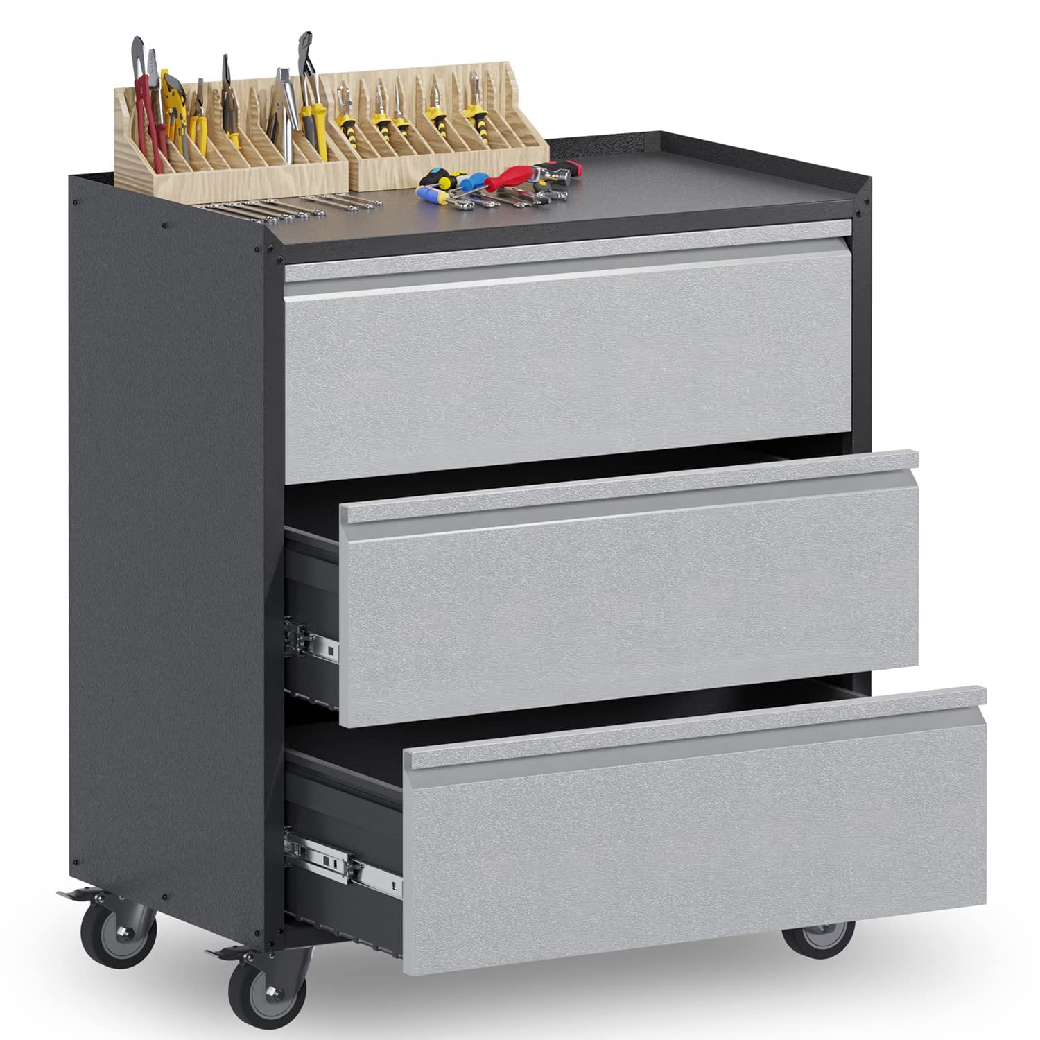 Metal Garage Storage Cabinet with Wheels - Rolling Tool Chest with 3 Drawers, Black & Gray (Assembly Required) - Perfect for Workshop, Garage Organization & Tool Storage