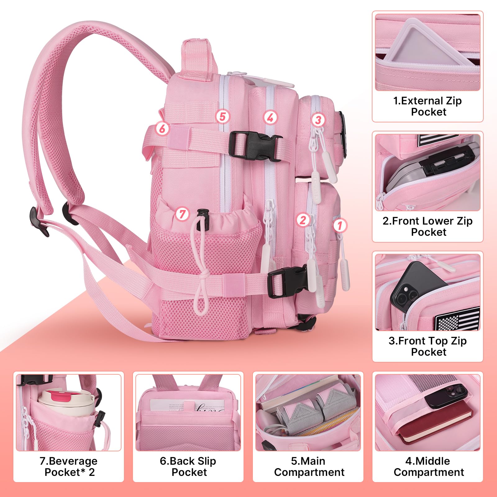 15L Mini Tactical Backpack for Women - Lightweight Military Backpack for Gym, Hiking, Travel & Everyday Use - Water-Resistant Small Tactical Daypack (Pink) - Perfect for Work, School & Outdoor Adventures