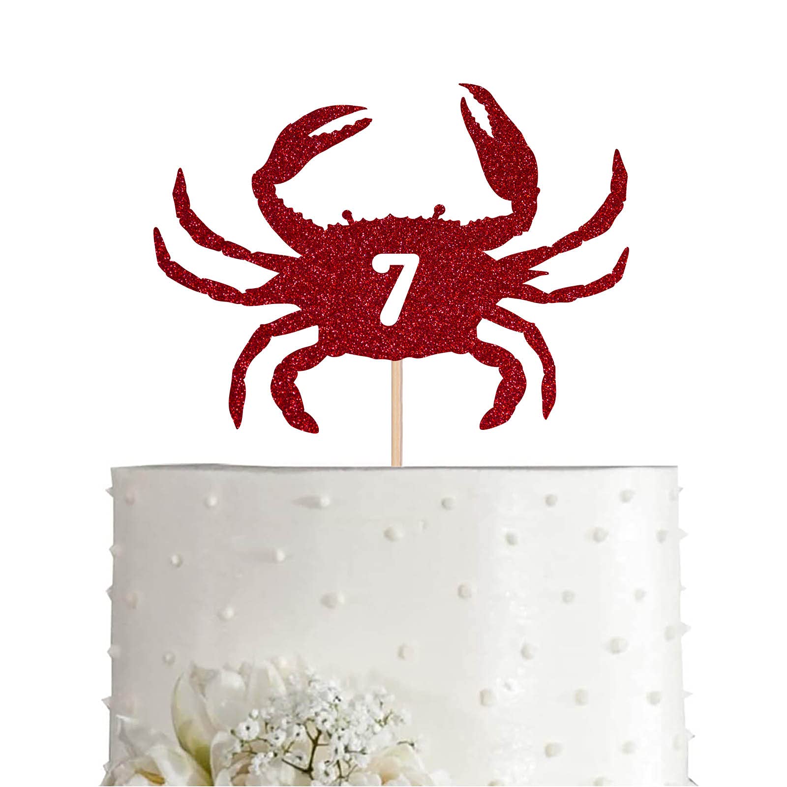 Red Glitter Happy 7th Birthday Cake Topper - Crab Themed Party Decoration for Kids' 7 Years Old Celebration | Perfect for Birthday Cakes, Cupcakes & Dessert Tables