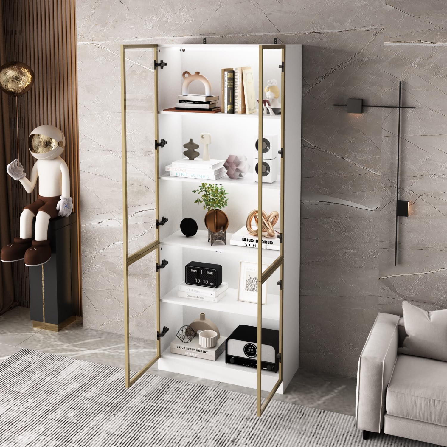 5-Tier Curio Display Cabinet with LED Lights - Glass Door Bookshelf for Collectibles, Books & Decor - White Modern Storage Shelf for Living Room, Bedroom & Office