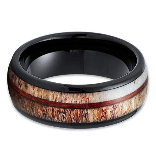 Black Tungsten Wedding Ring for Men - 8mm Comfort Fit Deer Antler & Koa Wood Inlay - Durable Anniversary Band for Outdoor & Formal Occasions