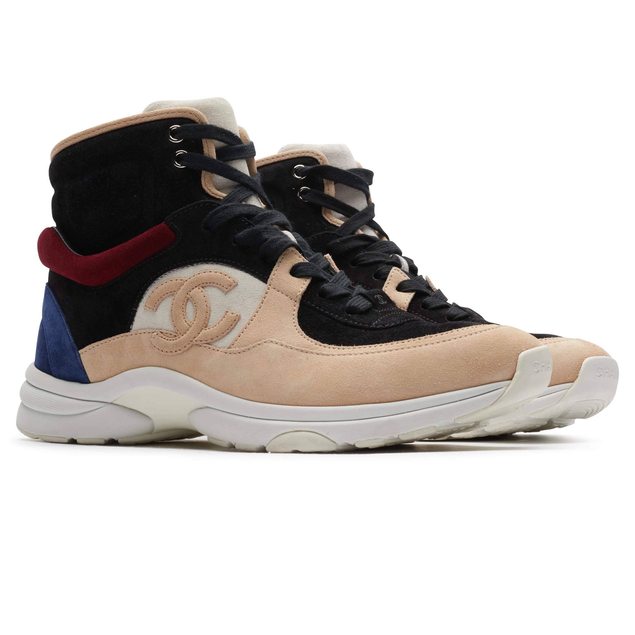 Chanel CC Logo High-Top Sneakers in Black, Burgundy, Blue & Beige Suede - Preloved Luxury Shoes for Women | Perfect for Casual Outfits, Street Style & Fashion Events