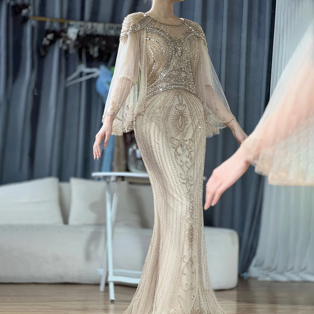 Elegant Dubai Arabic Gold Beaded Mermaid Evening Gown LA72749 for Women - Perfect for Formal Events, Weddings, and Red Carpet Occasions